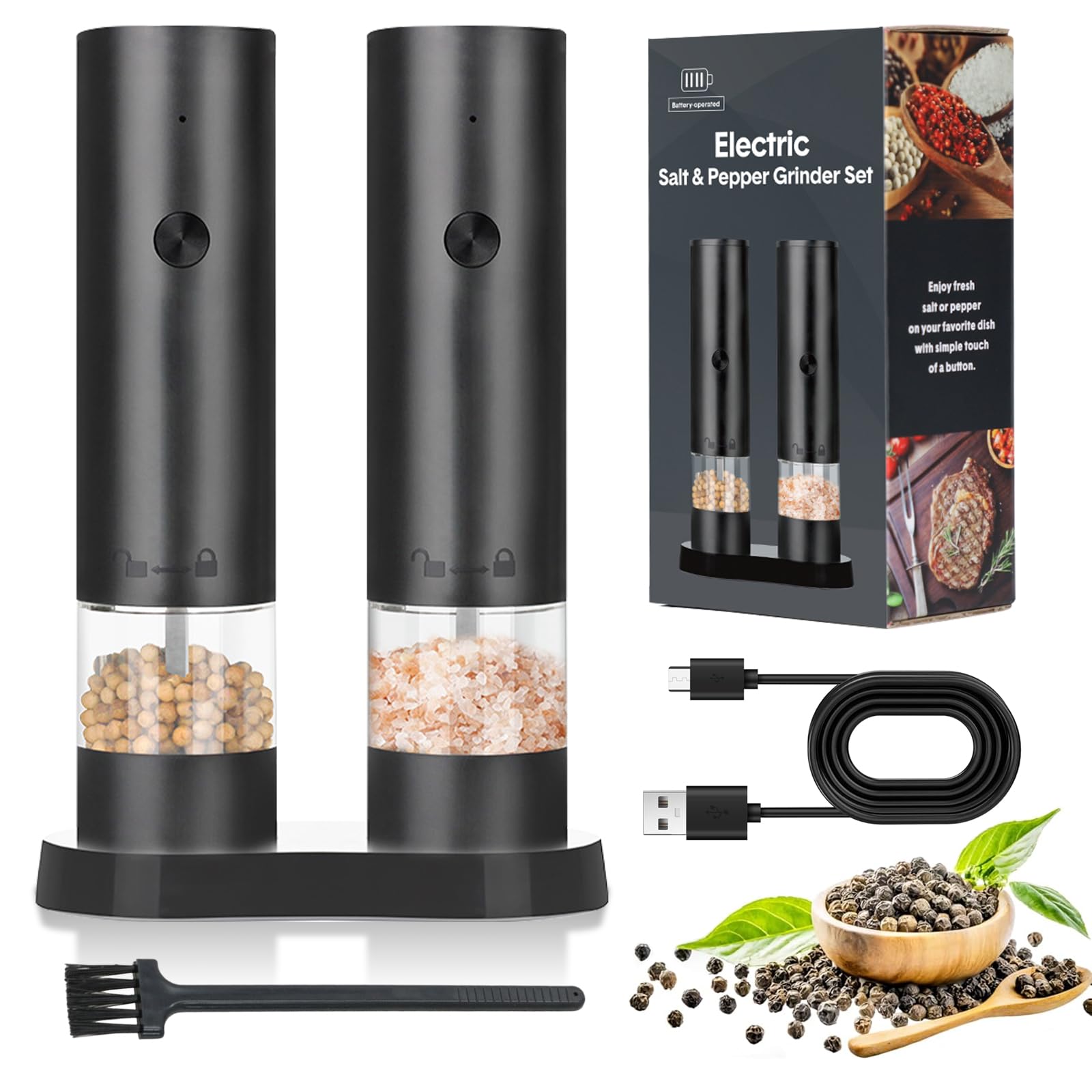 Electric Salt and Pepper Grinder Set,USB Rechargeable Automatic Pepper Mill with Storage Base,Adjustable Coarseness Spice Grinder Set Washable Container for Kitchen/Picnic/BBQ