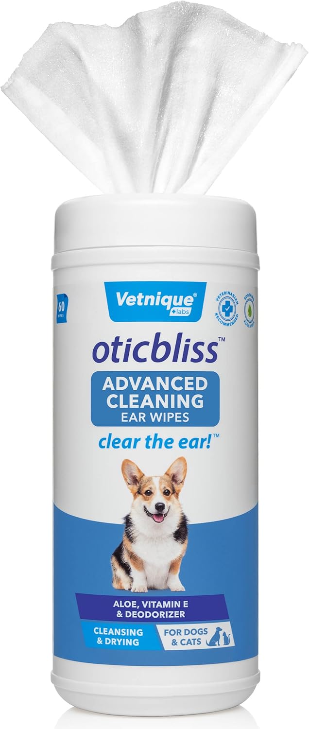 Toallitas de limpieza avanzada Oticbliss para perros y gatos para eliminar el olor, la suciedad y la cera con aloe vera calmante y vitamina E (toallitas extra grandes de 60 ct)