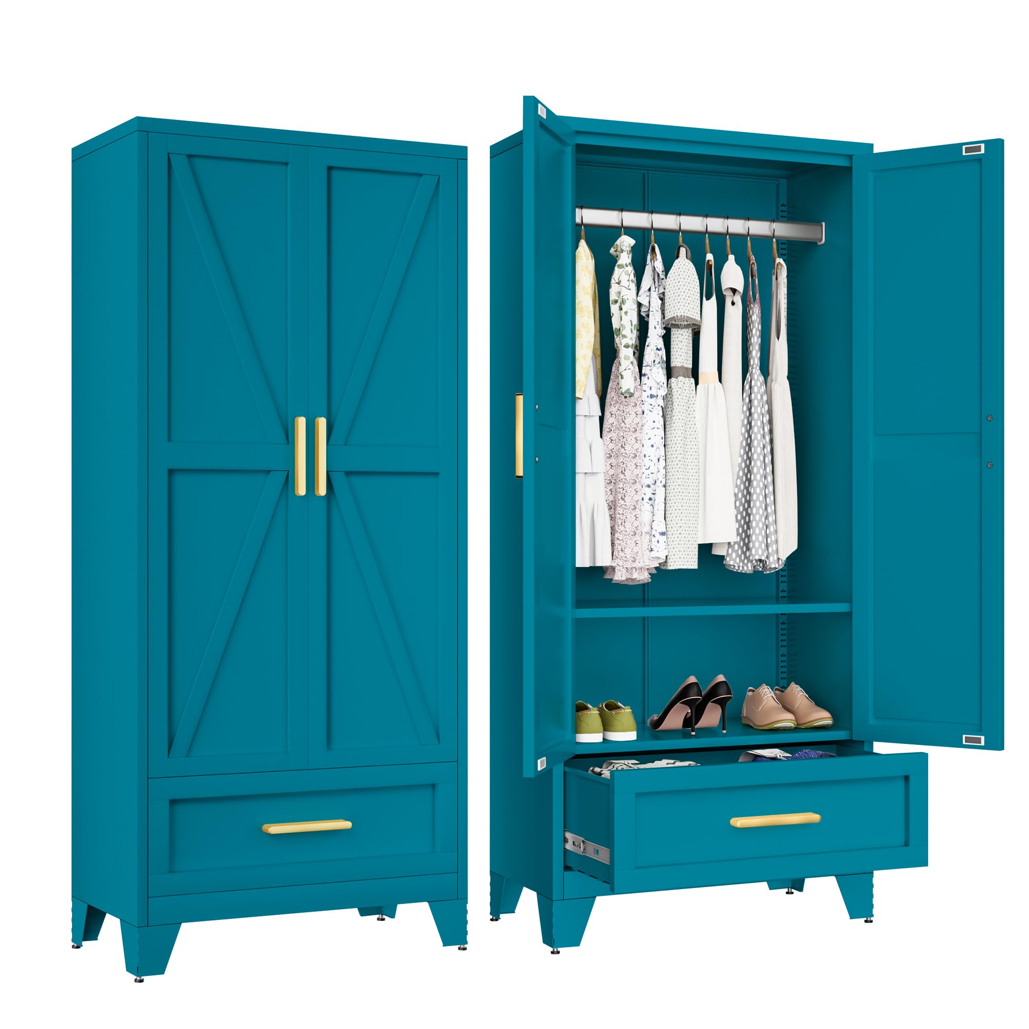 Baborokic Metal Wardrobe Cabinet,71 Armoire Wardrobe Closet with Drawers and Hanging Rod,Metal Armoire with Adjustable Shelves for Closet,Bedroom,