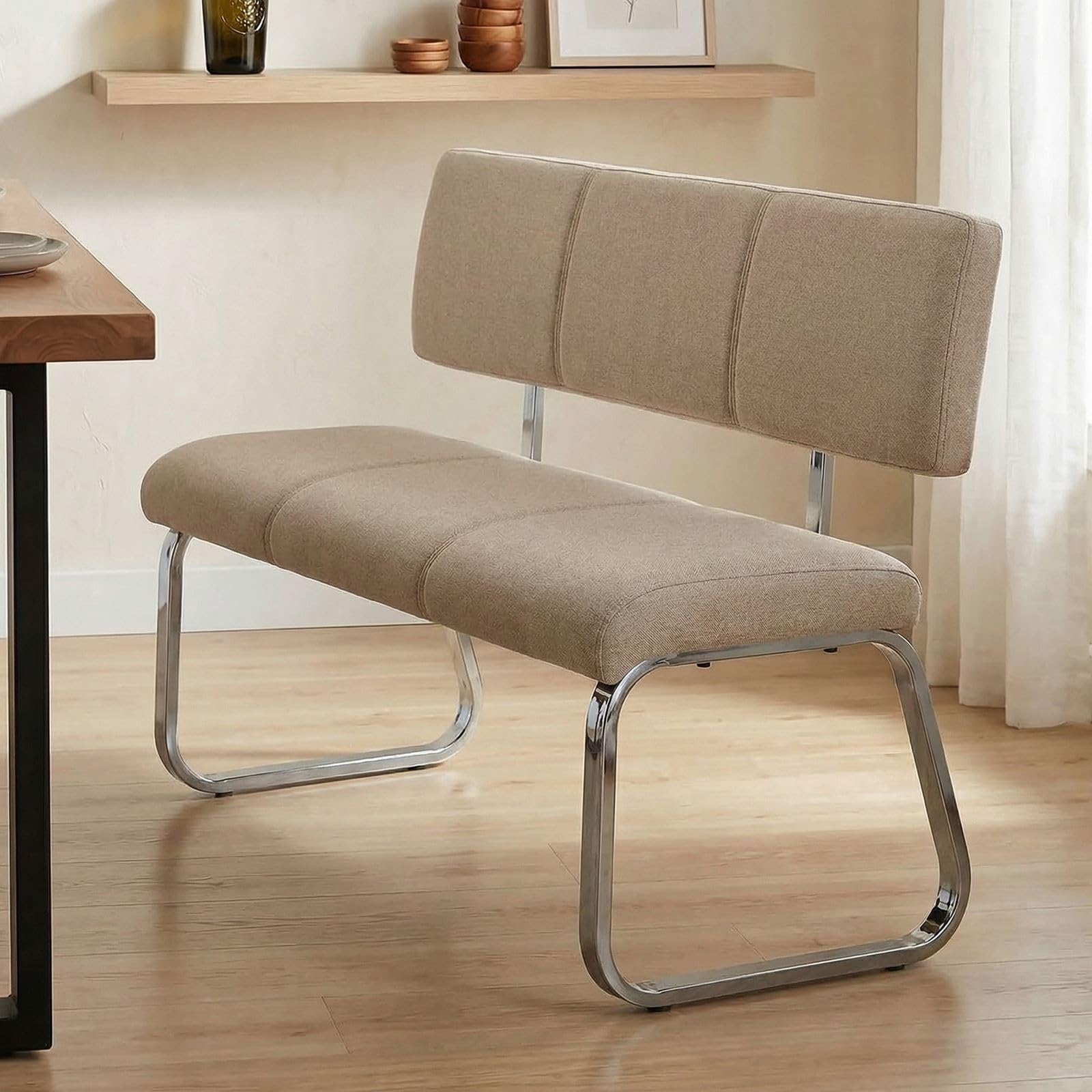 IDIMEX Esszimmerbank Vilas für 3 Personen mit Stoffbezug, beige - verchromtes Metallgestell, Sitzbank für Esszimmer mit Rückenlehne komfortabel gepolstert, Essbank für Küche