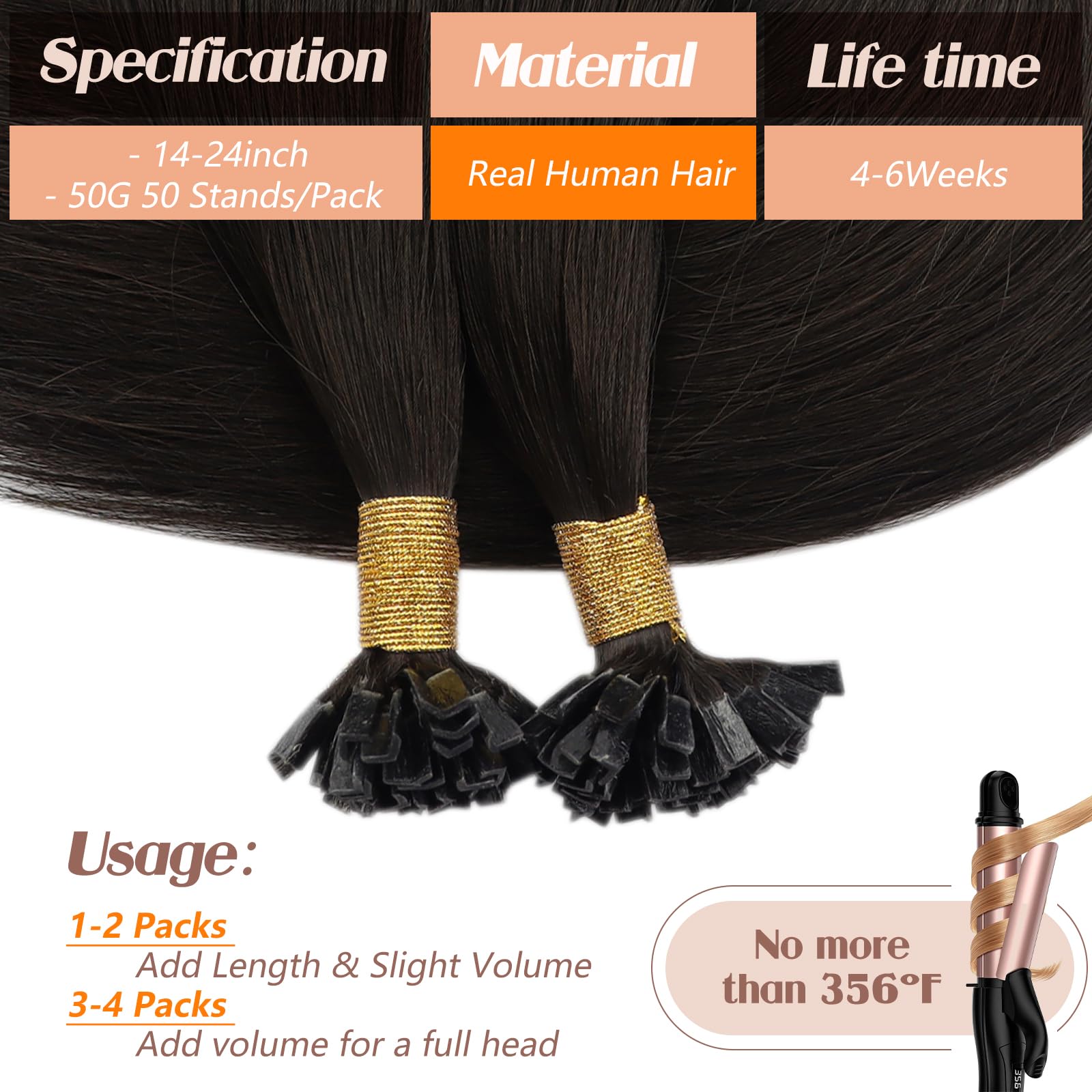 24 Inch Human Hair Extensions 50g U Tip K Tip Heat Resistant GOO GOO K Tip Hair Extensions Real Human Hair 14-24inch 50G  main image 3