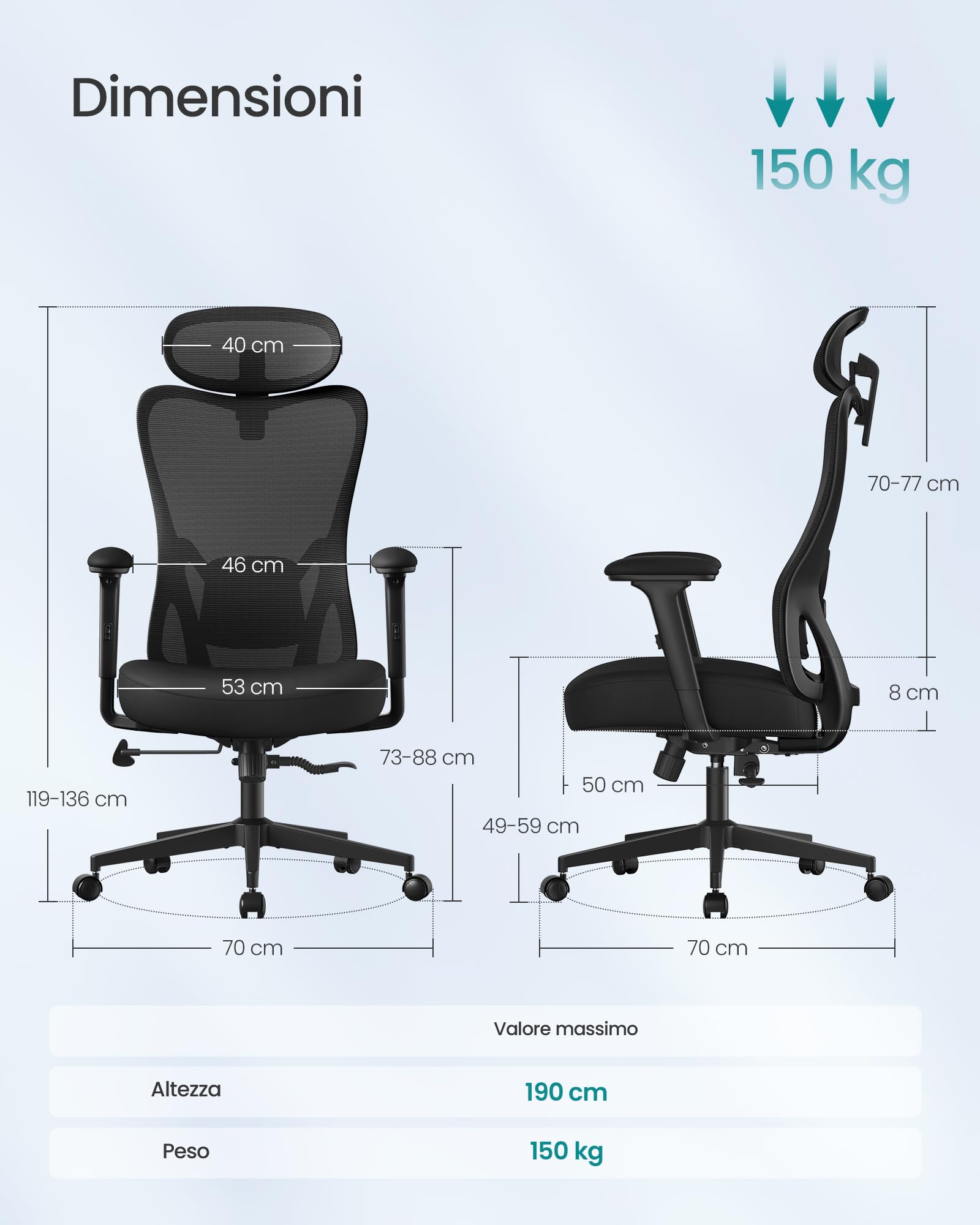 SONGMICS Sedia da Ufficio Ergonomica, Sedia da Scrivania Computer, Poggiatesta e Supporto Lombare Regolabili, Portata Fino a 150 kg, Regolabile in Altezza, Nero Inchiostro OBN066BH01