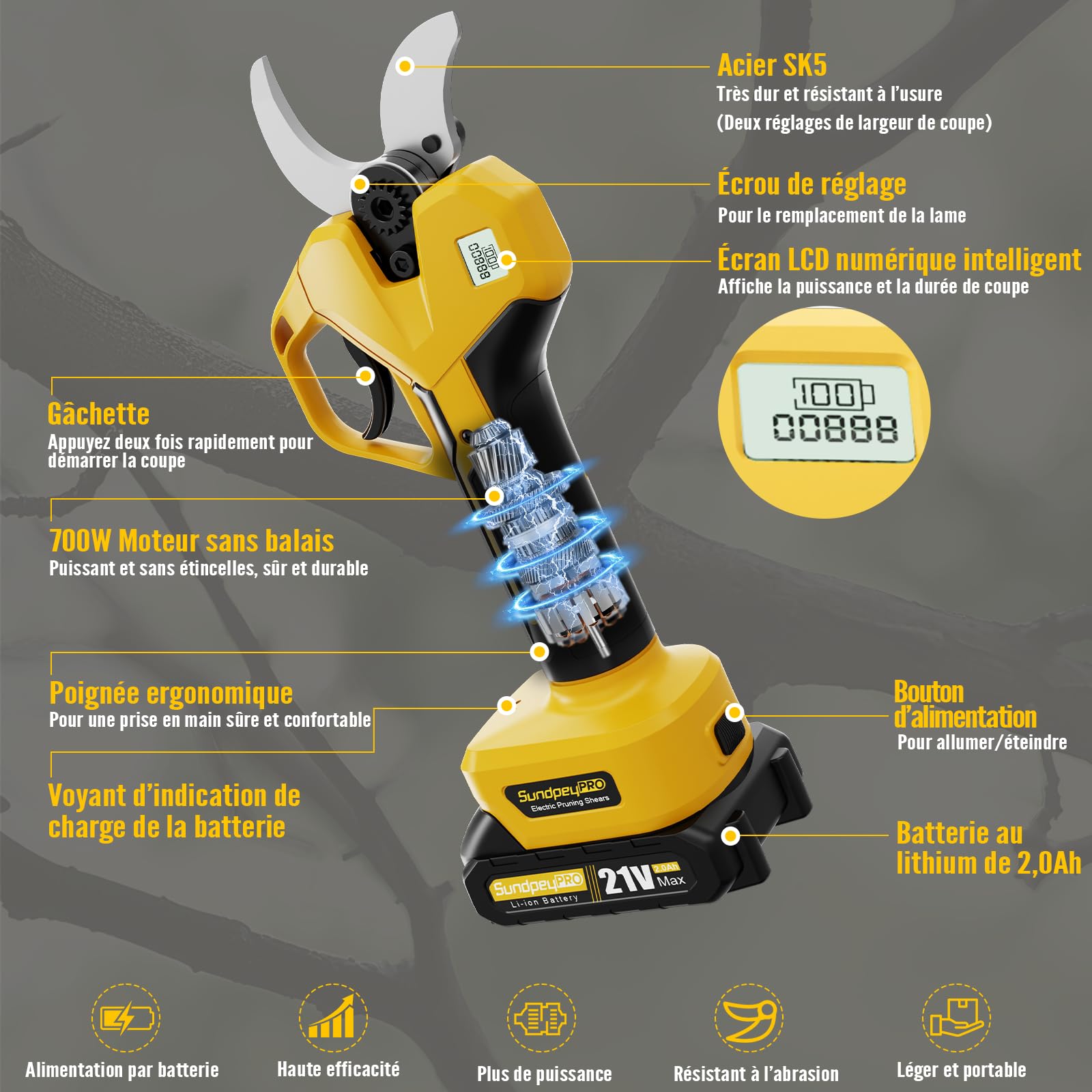 Sécateur Électrique Sans Fil, Max 50mm Sécateur de Jardin à batterie avec 2 x 2,0Ah Batteries, Moteur Sans Balais, éCran LCD et éTui, Secateur pour Verger Branches Arbres Arbustes Fruitiers