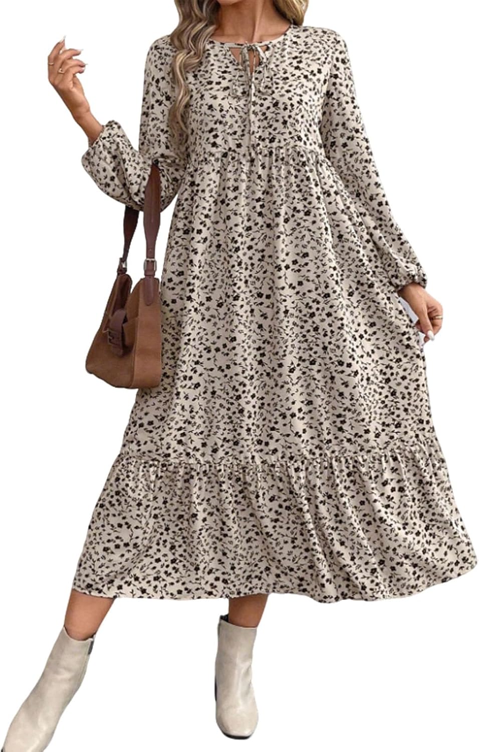 Women's Autumn Long-Sleeved Round-Neck Pleated Floral Dress a Casual and Flowing Long Dress