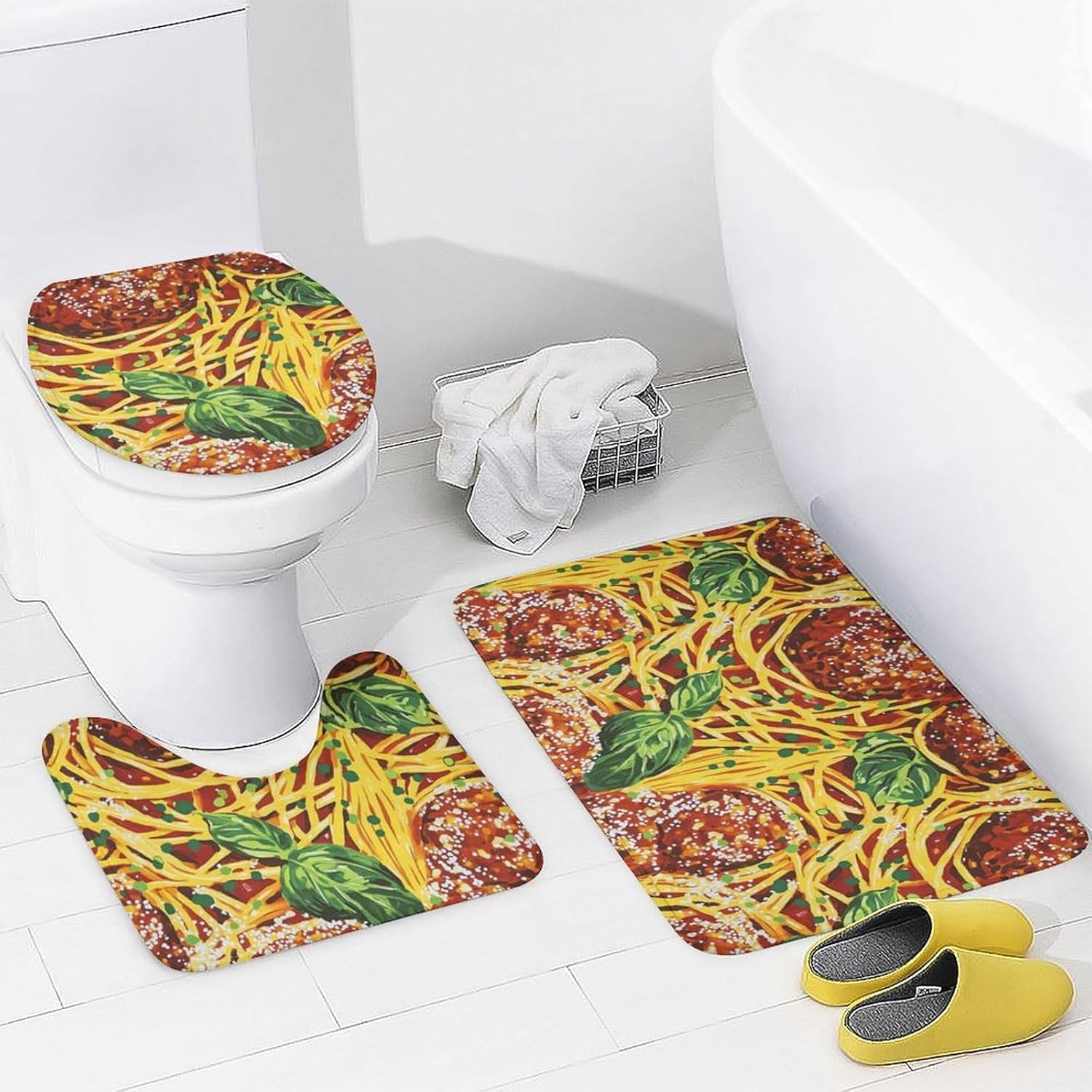 Meatball Pasta Modern Bathroom Sets with Shower Curtain and Rugs Decor 4 Pcs with 12 Hooks