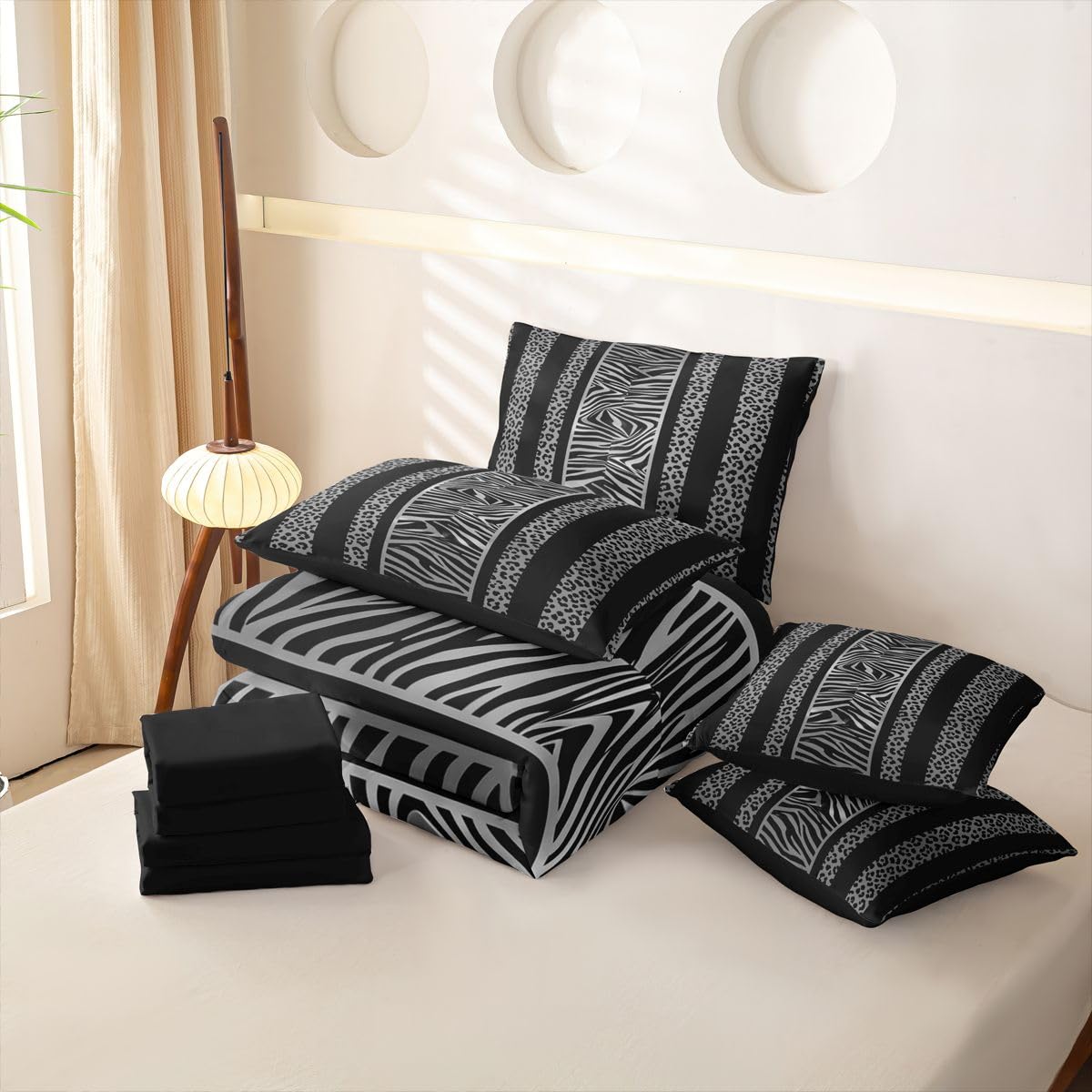 Loussiesd Juego de funda de edredón tamaño Super King con estampado de leopardo y cebra, juego de ropa de cama de 7 piezas para niños y niñas, estampado de guepardo, color negro y gris, cama en una