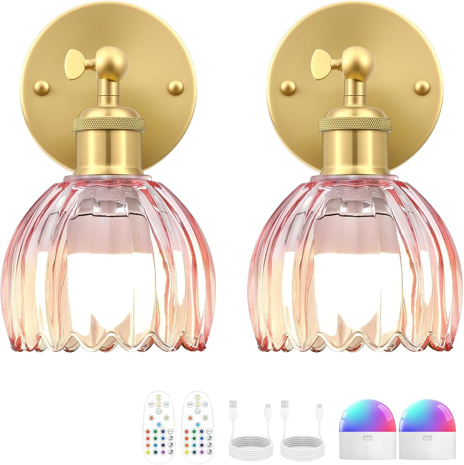 Vintage Battery Operated Wall Sconce, Pink Tulip Glass Lampshade Wireless Rechargeable Battery Powered LED Wall Light with Remote Dimmable for Bedside Bedroom Doorway Living Room, Set of 2