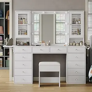 Vanity with Mirror and 10 LED Lights,Vanity Desk with Power Outlet, Makeup Vanity with 12 Drawers and 2 Cabinets, Fold-up Panel, Glass Top Vanity Table with Chair for Bedroom, White