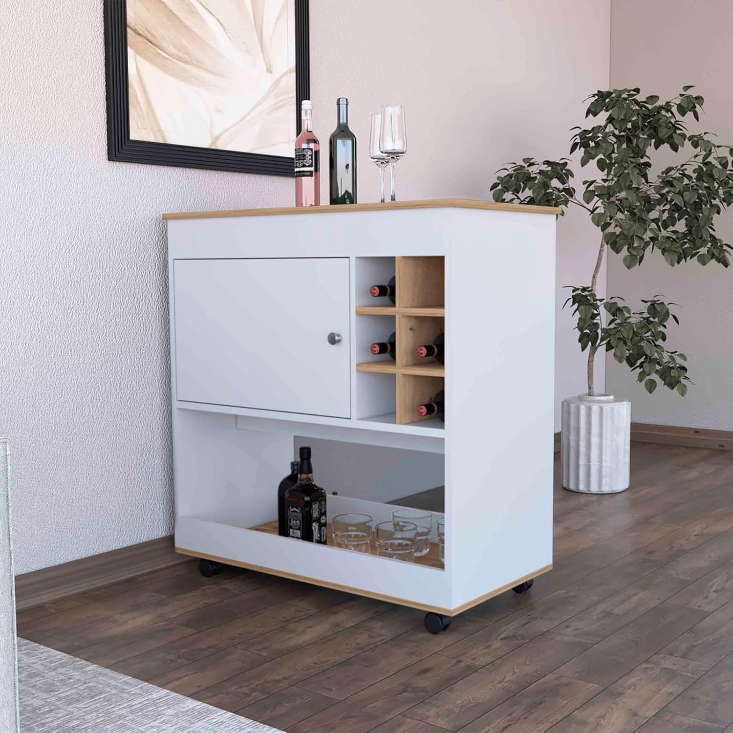 Cart, One Cabinet, Six Bottle Cubbies, One Lower Panel, Four Casters