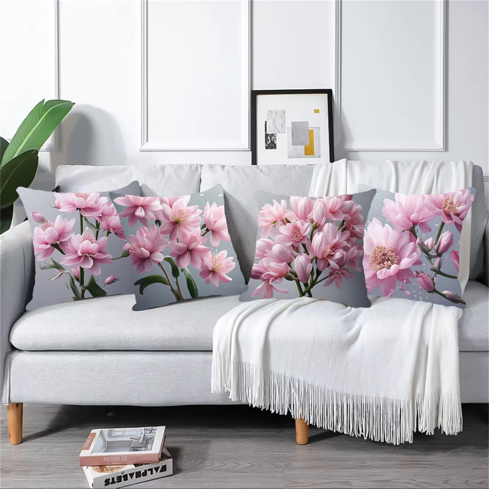 Kissenbezug 65x65 4er Set, Outdoor Kissen Grau Sofakissen, Wasserdicht Kissenbezüge Hellrosa Dekokissen mit Unsichtbarem Reißverschluss, Zierkissenbezüge für Schlafzimmer Sofa Stuhl Bett Garten G1-328