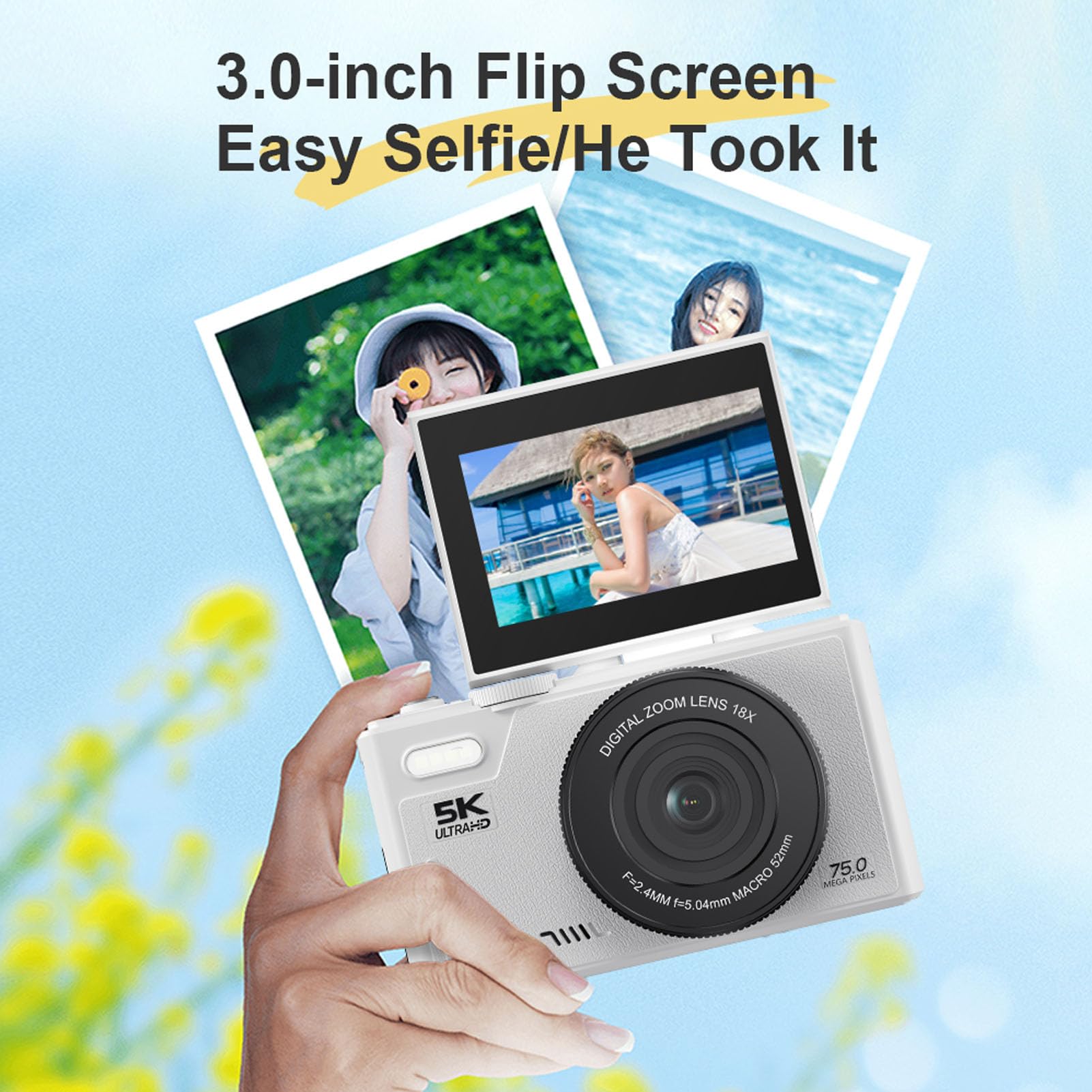 Tangxi Fotocamera Mirrorless 5K, Fotocamera Digitale da 75MP con Zoom Ottico 18X Messa a Fuoco Automatica, per Vlogging con Rilevamento Sorriso Antivibrazioni e Supporto Flip (WHITE)