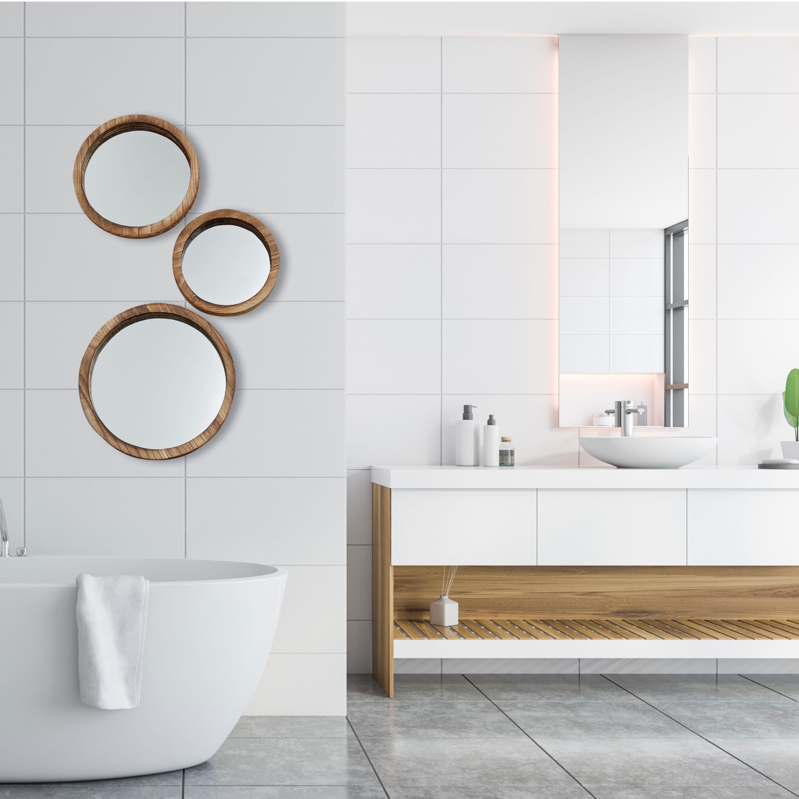 Nagina International The Rustic Boho Chic Porthole Mirror Trio, Set of 3-10, 12 and 13 ¾-Inches Diameter, Glass and Sustainable Wood, By Whole House Worlds