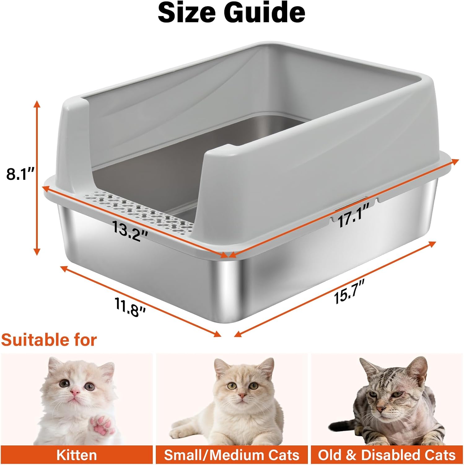 M Stainless Steel Cat Litter Box with Lid,Metal Litter Box High Sides for Kitty/Small Cats,Open Design,Indoor,1-Mat and 1-Scoop,Easy to Clean, No Odor,Anti-Urine Leakage