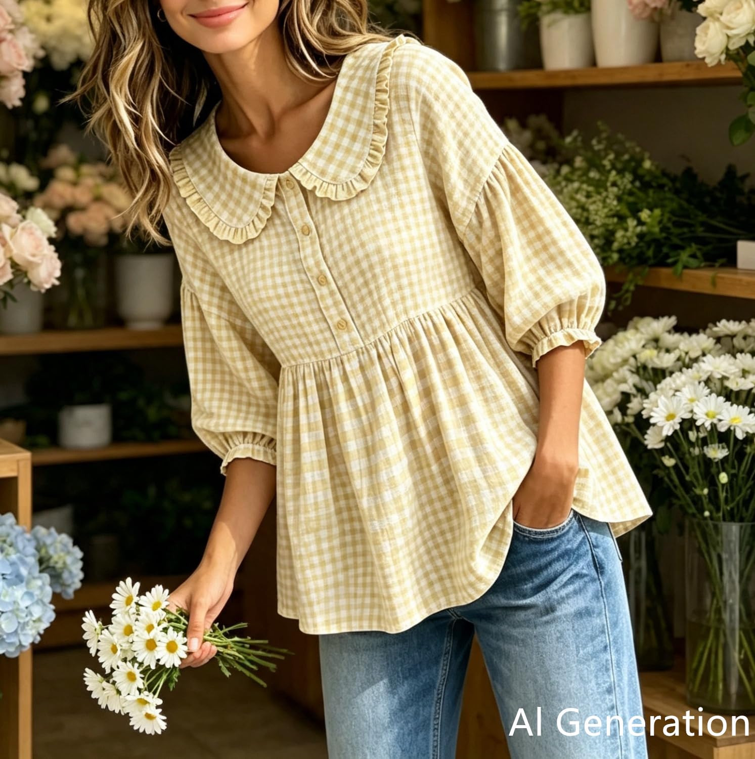 Blusa de cuadros para mujer, manga 3/4, abotonada, con botones y peplum