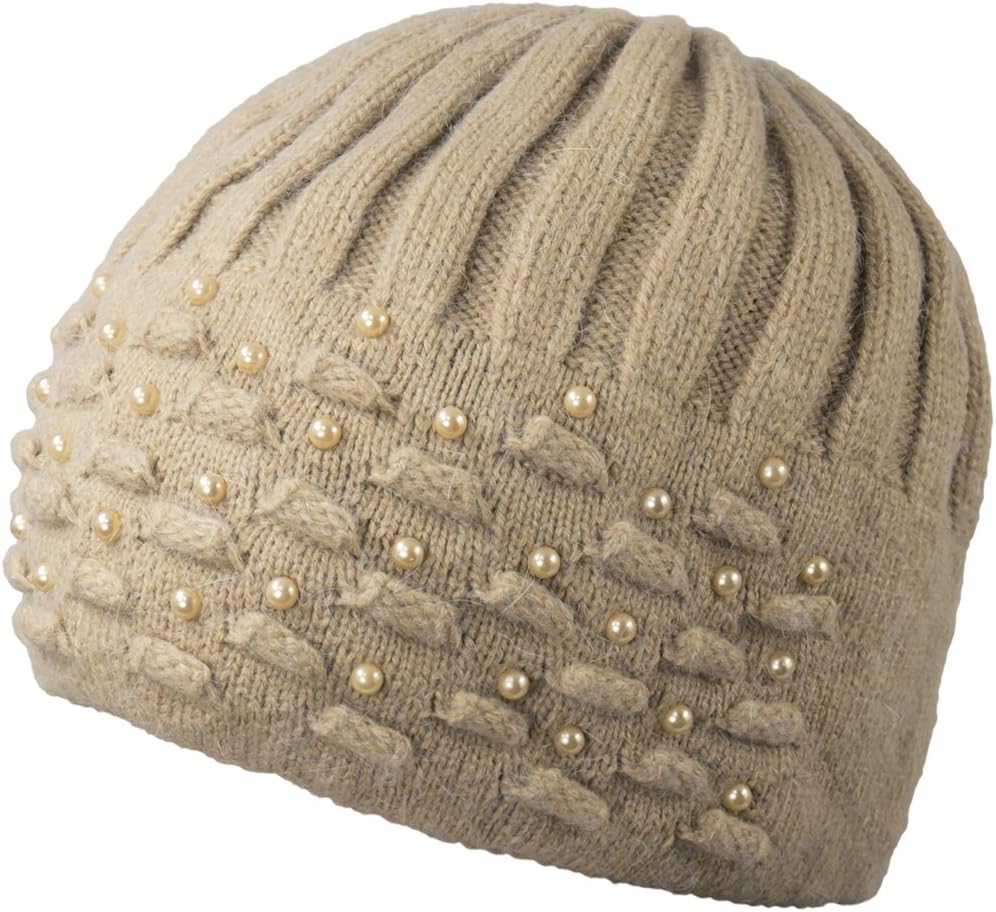 Dahlia Women's Skullies & Beanies - Angora Wool Beanie Hat with Pearl Accent