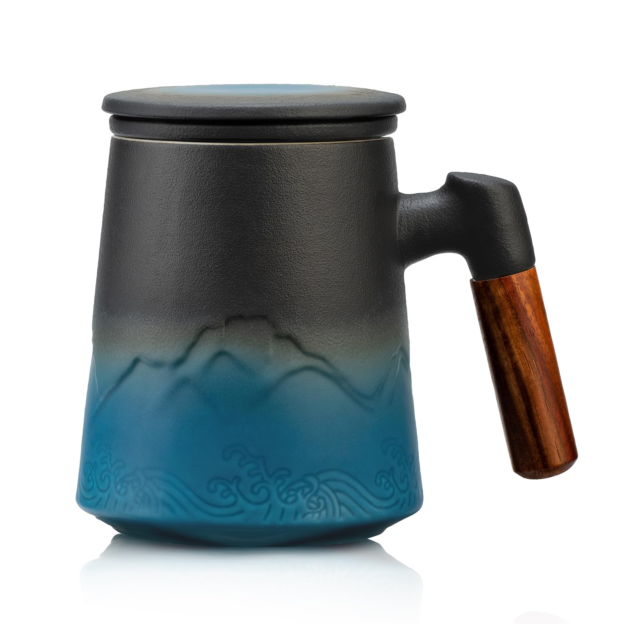 suyika2 Cup Set Tomotime Ceramic Tea Cup with Infuser and Lid Tea Mugs Wooden Handle Black cyan