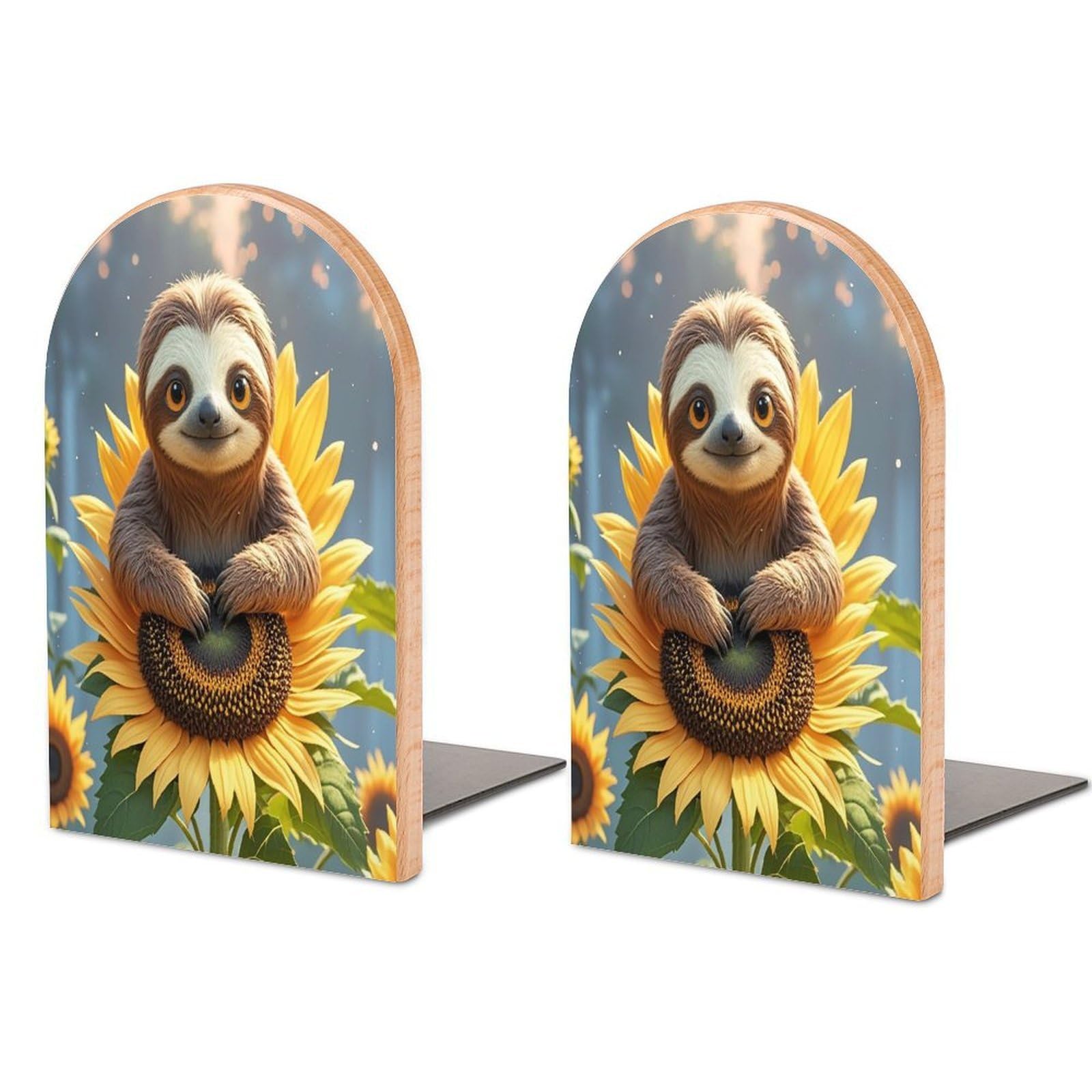 Cartoon Sloth Sitting on Sunflower Bookend for Shelves Unique Book End Sturdy Books Holder Heavy Duty Wooden Bookends Support Non-Slip Book Organizers Decorative Modern Bookend Holder for Home