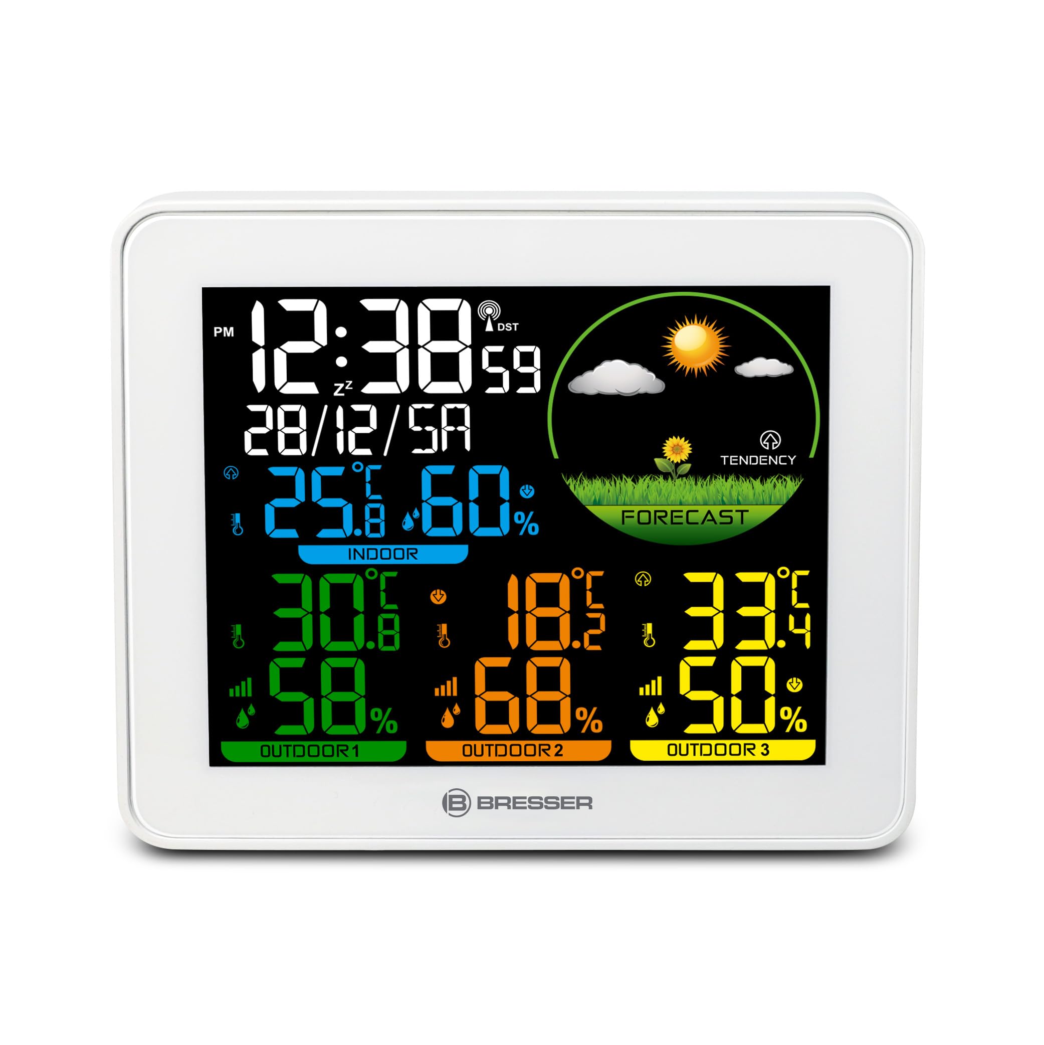 Bresser Estación Meteorológica Color 3 Sensores Exteriores Temperatura Humedad Pronóstico Reloj Alarma Alcance 80m IP44