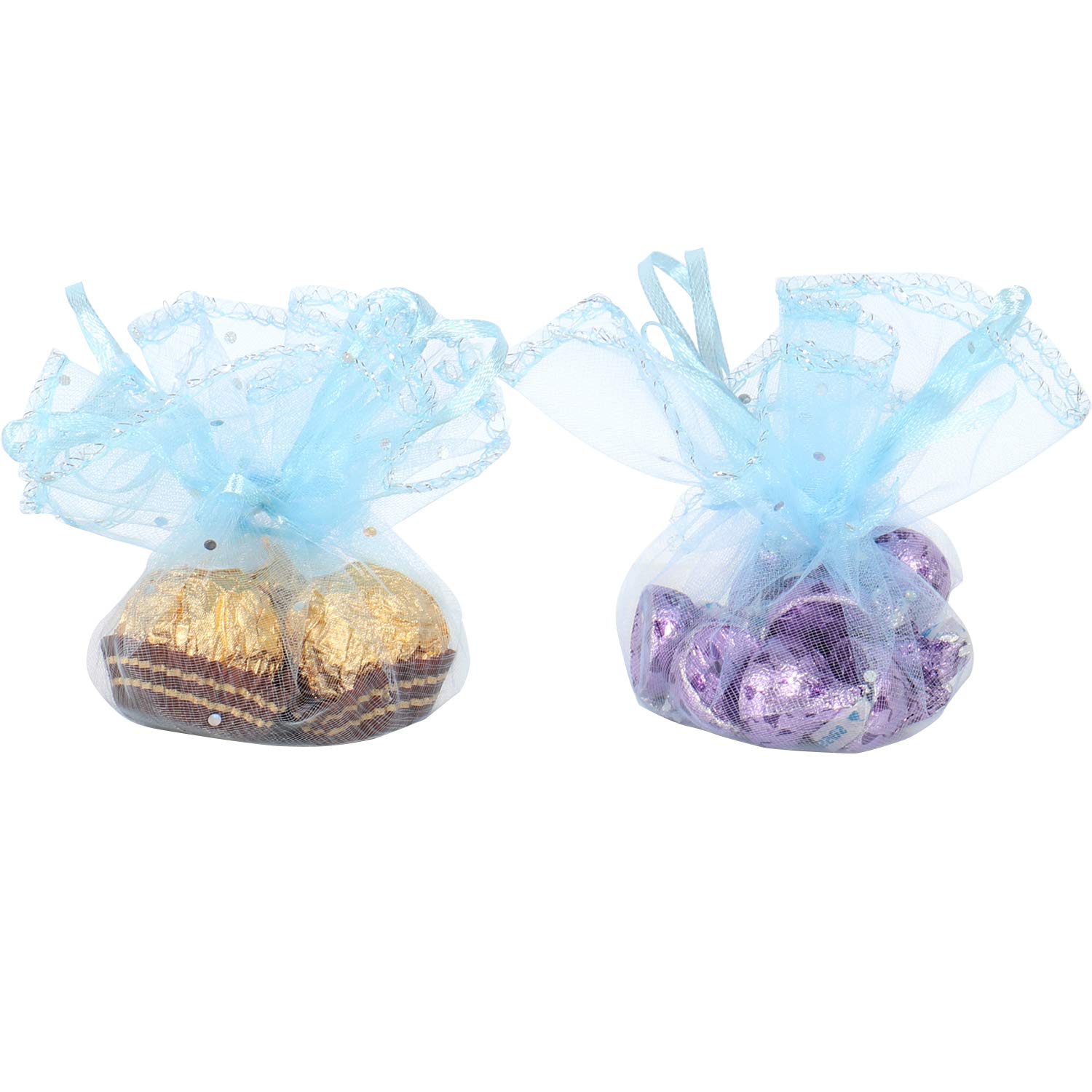 Bezall 50pcs 9.8 inch Round Organza Bags with Drawstring, Sky Blue Baby shower Wedding Party Favor Gift Bags Mesh Jewelry Candy Pouches