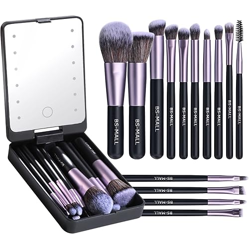 BS-MALL Travel Makeup Brush Set Foundation Powder Concealers Eye Shadows Makeup Set with LED light Mirror 14 Pcs (Purple)