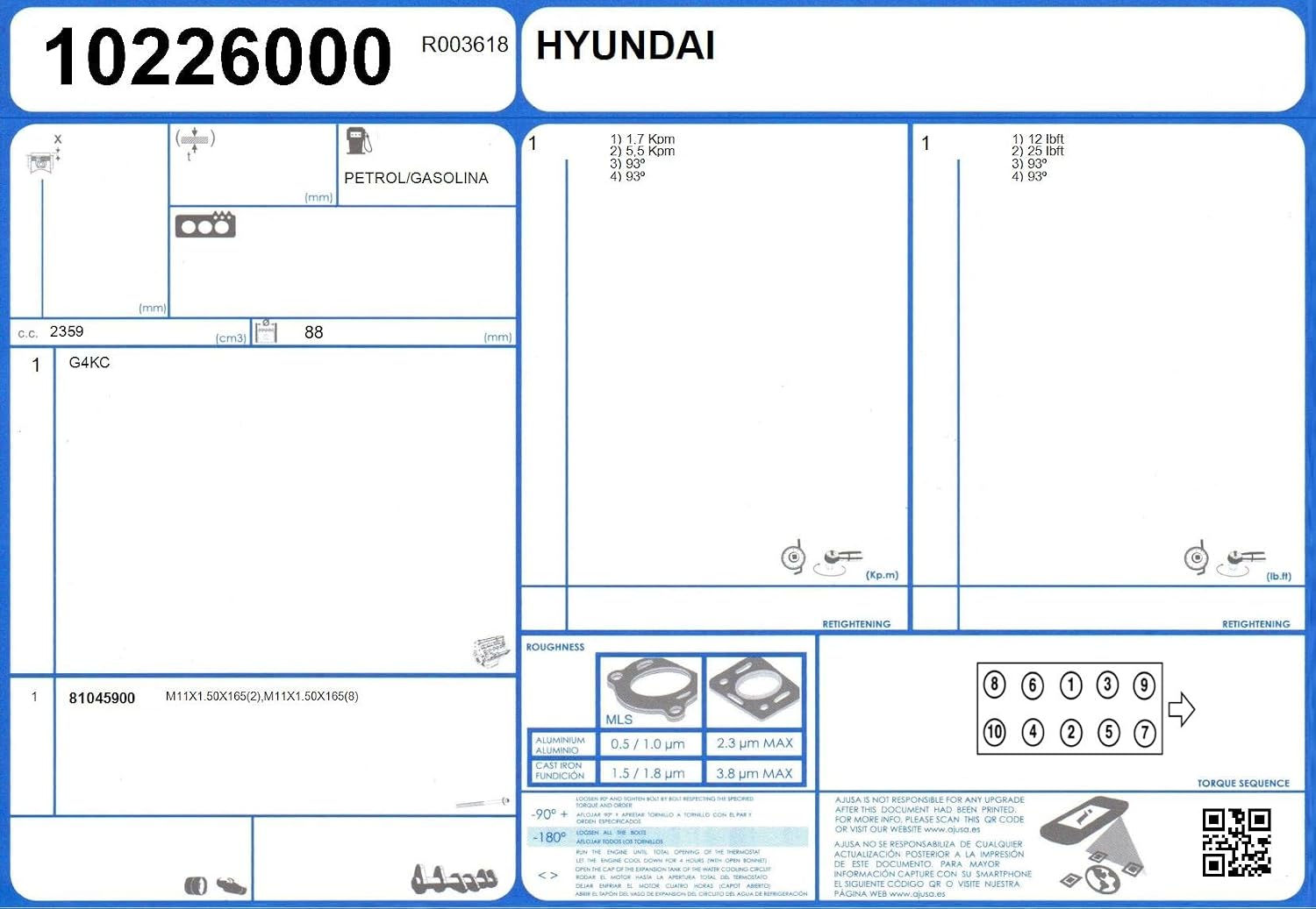 Fit 10226000 Head Gasket