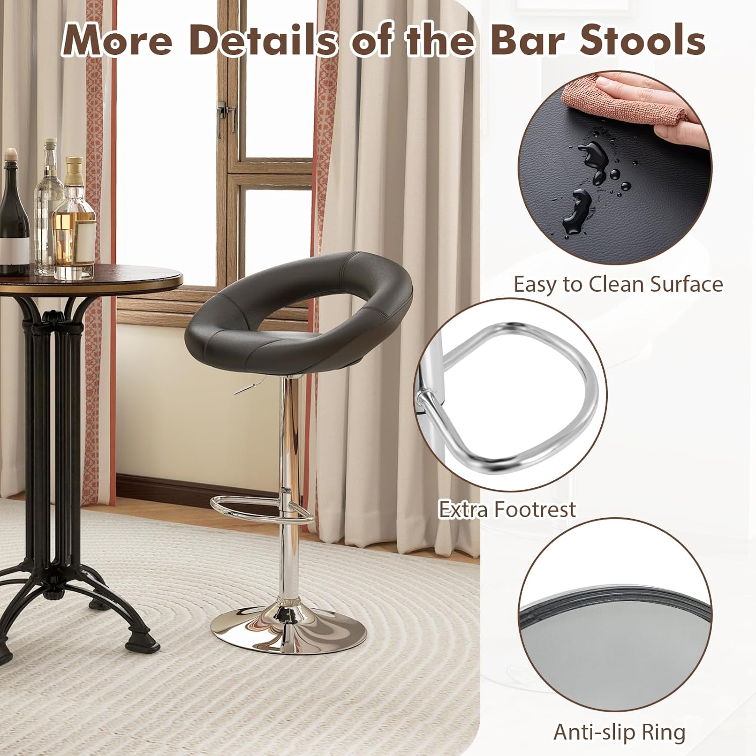 COSTWAY Height Adjustable Bar Stools Set of 4, Swivel Counter Stools w/Hollow Back & Footrest, Heavy-Duty Metal Frame Upholstered Pub Stools, Swivel Breakfast Chairs for Bar, Kitchen, Black