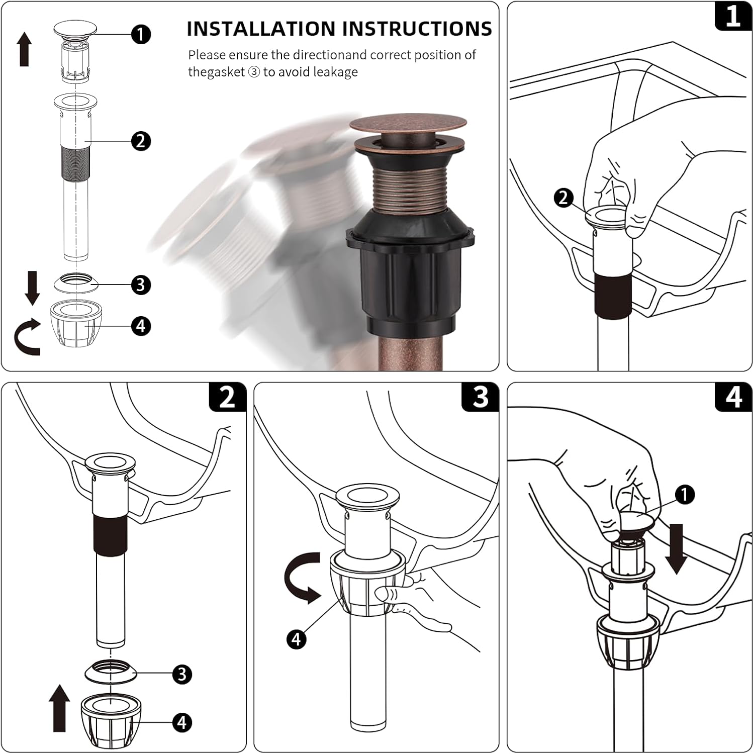 Bathroom Sink Drain, Pop Up Drain for Bathroom Sink, Sink Drain Stopper Without Overflow, Copper