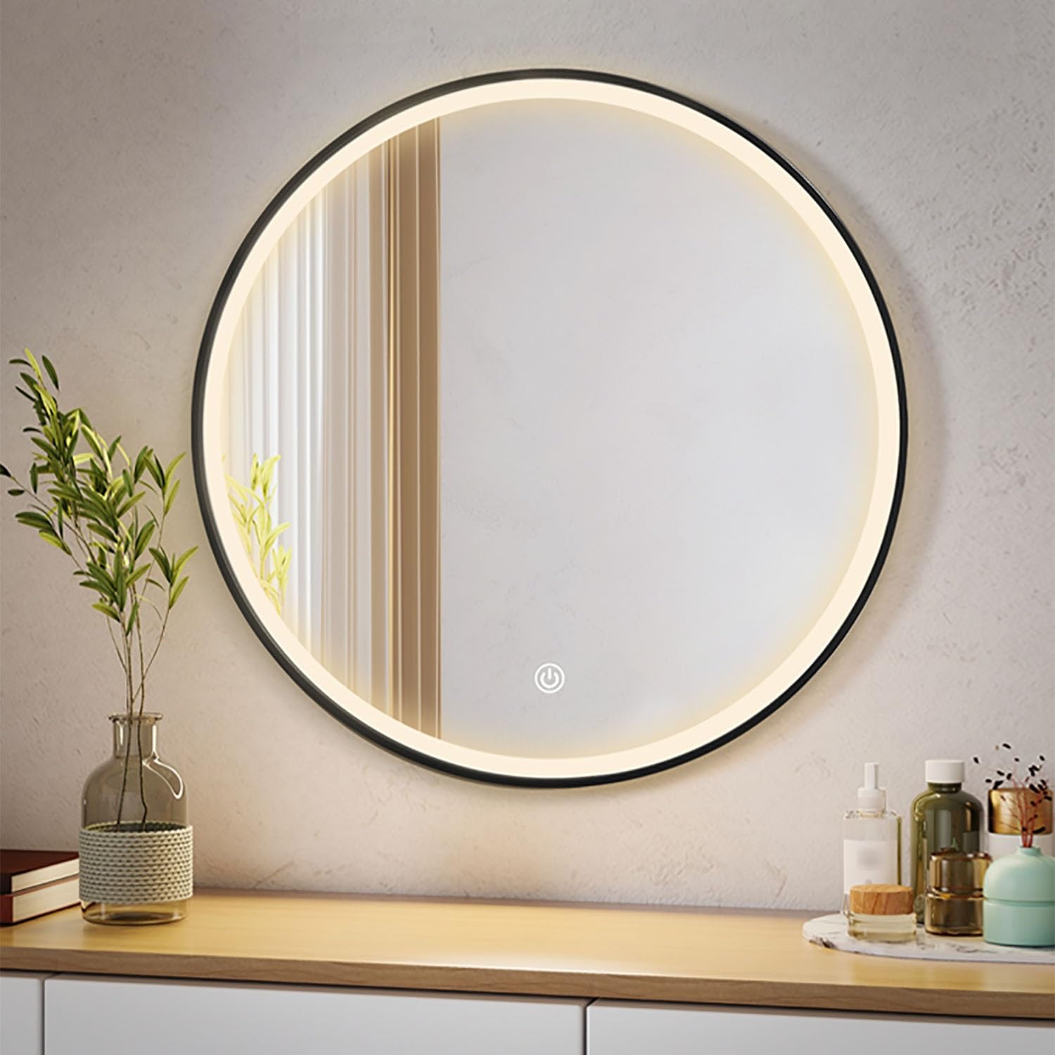 Miroir mural rond LED 80 cm anti-buée pour un maquillage net