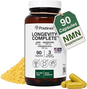PRISTINES Longevity Complete Anti Aging NMN Complex - Advanced Cellular Support - NMN 500mg, Berberine 500mg, Resveratrol 250mg, Healthy Aging, Autophagy & NAD+ Support-3rd Party Tested-Glass Bottle
