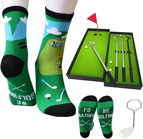 weilaike Juego de 3 mini bolígrafos de golf, accesorios de escritorio, calcetines de golf, abrebotellas de golf, regalos de golf geniales para