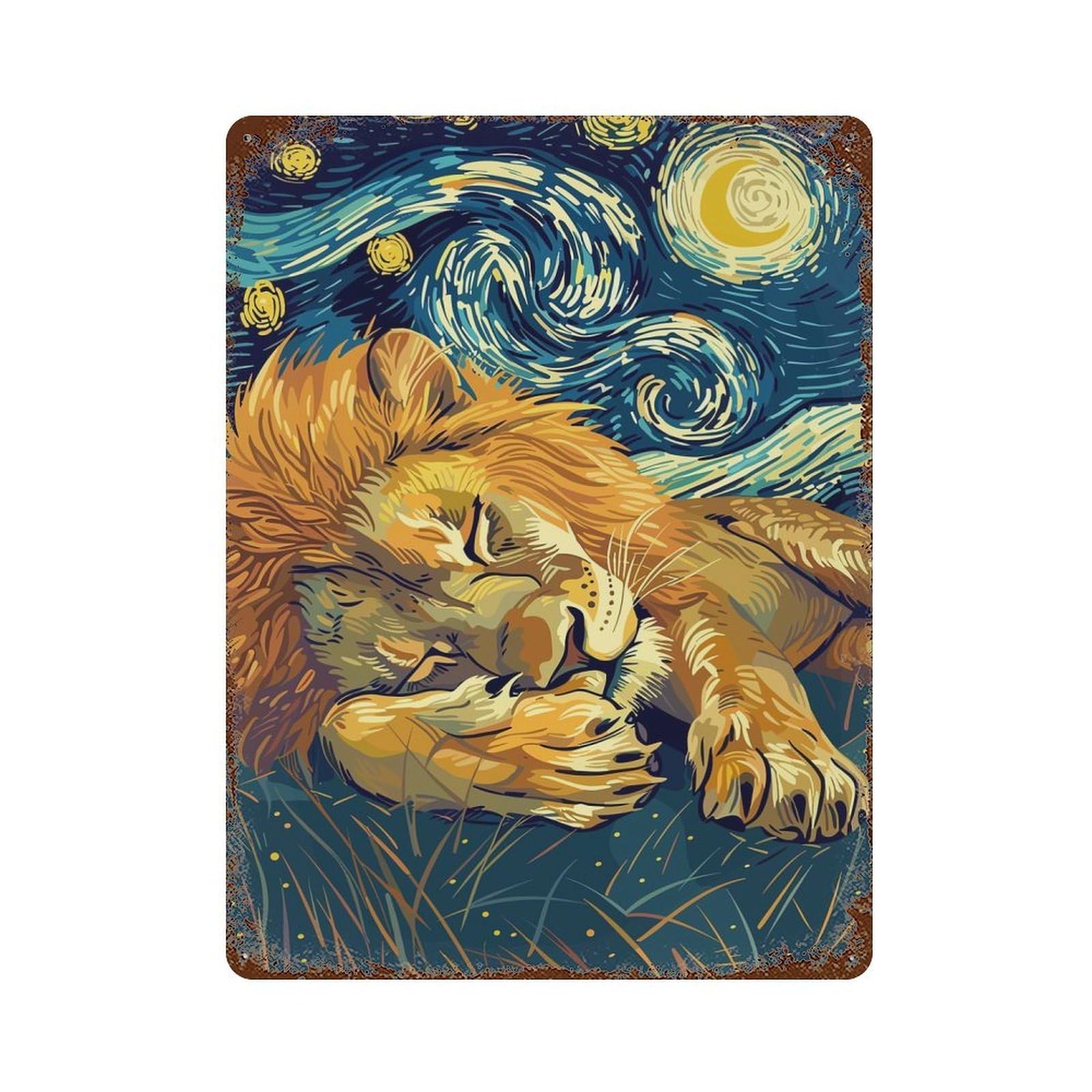 Lion Sleeping Under Starry Night Sky Rusty Metal Tin Sign 15.7"x11.8", for Basement, Hobby Room And Garage Decor, Retro Wall Decor