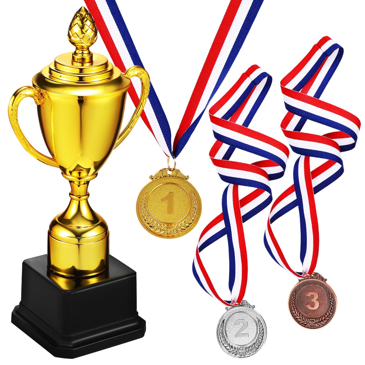 CLISPEED Trophy Cup 12 Pcs Golden Trophy with 3 Medals Mini Awards Trophies Plastic for Spring Festival Carnival Sports Football Basketball Rugby Competitions Winning Prizes, 4.7x9inch