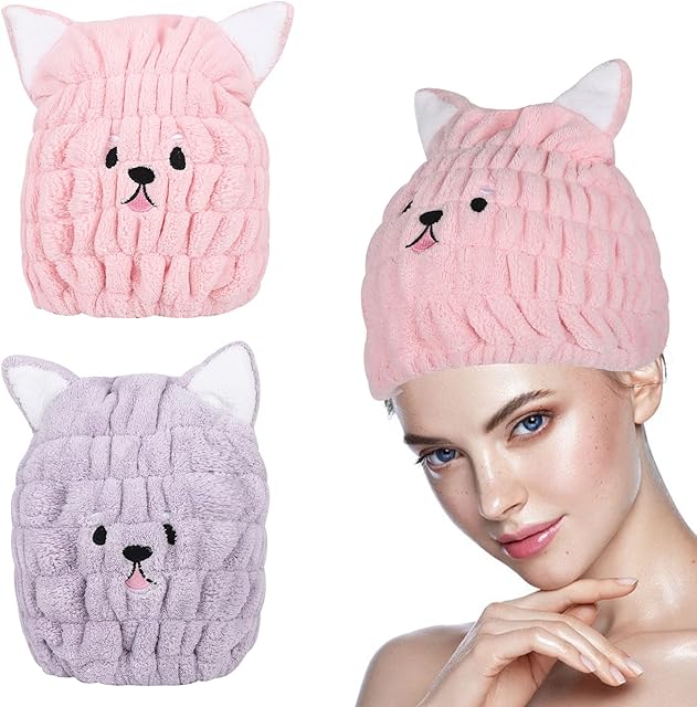 2 Pieces Dry Hair Hat Hair Drying Towels for Women Microfiber Dry Hair Cap with Cute Cat Ears Quick Drying Bath Cap Cartoon Hair Turbans Twist Super Absorbent Hair Towel Hair Wrap for Women Girls