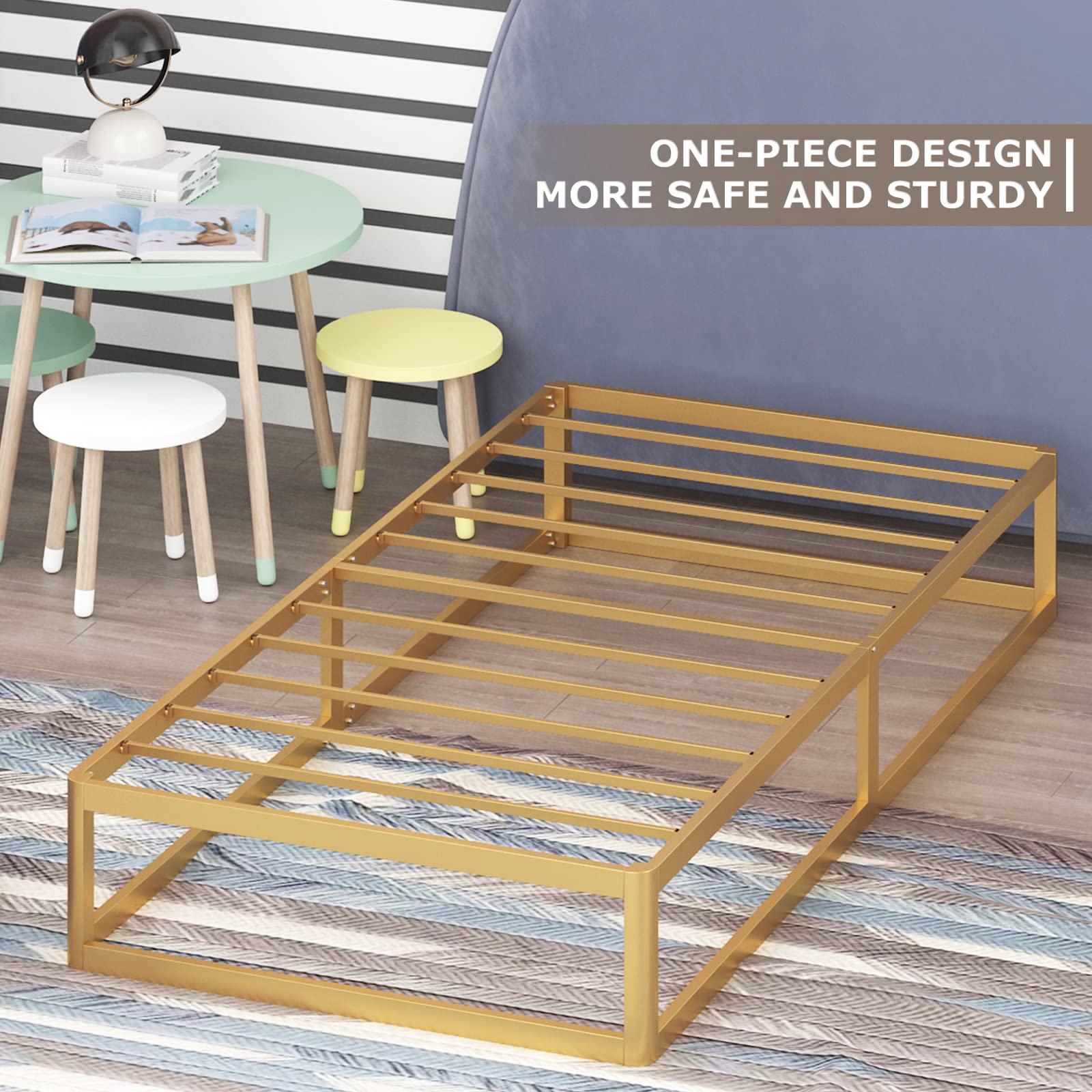 HOMPLE Twin Bed Frame,14" Twin Platform Bed Frame,Heavy Duty Steel Slat Mattress Foundation,No Box Spring Needed, Golden Twin Size Bed Frame