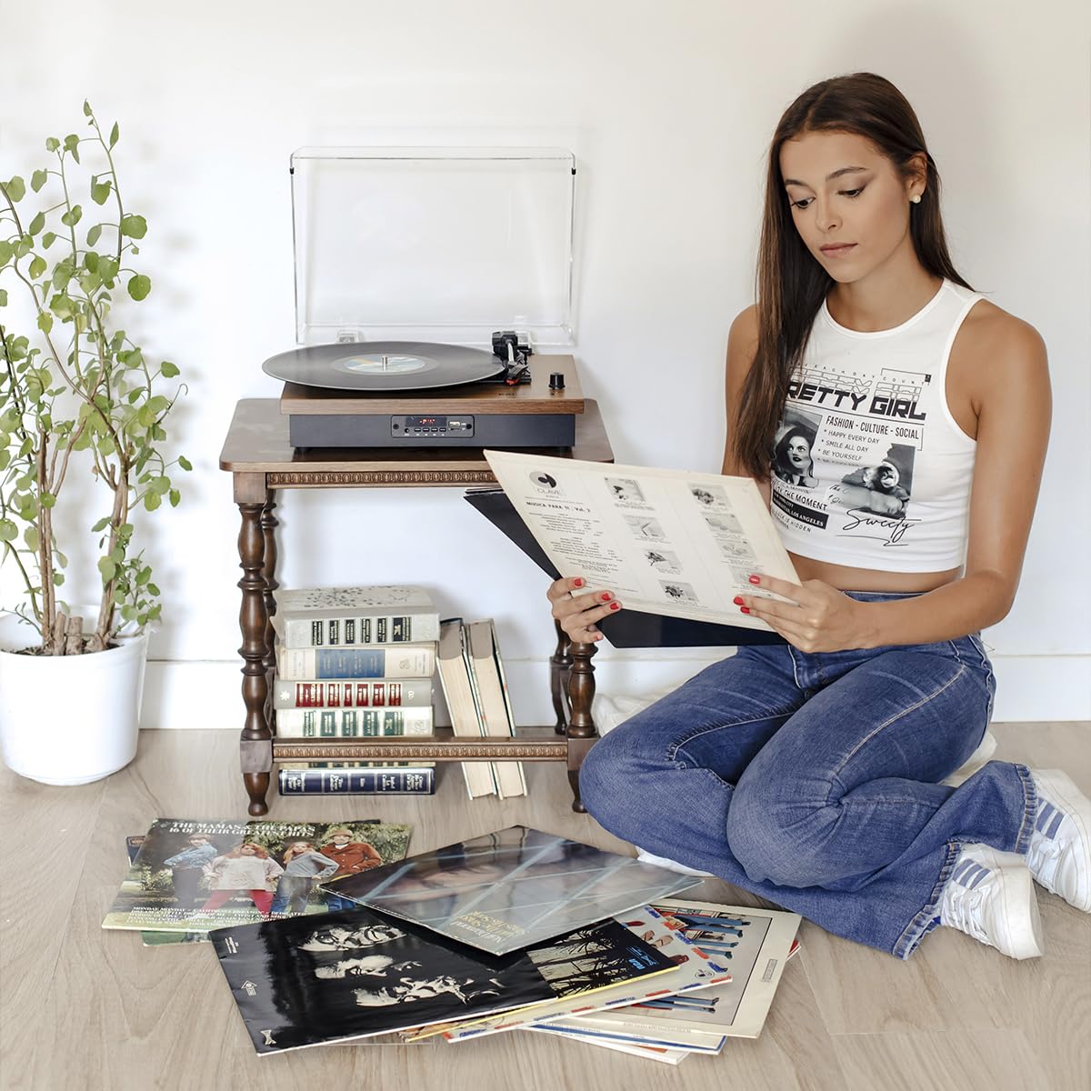 PRIXTON Platine Vinyle Studio, Tourne Disque Vintage, Lecteur de Vinyles et de Musique Via Bluetooth/USB/SD/Radio, 2 Haut-parleurs intégrés, Convertisseur des vinyles, Housse Anti-poussière, Bois