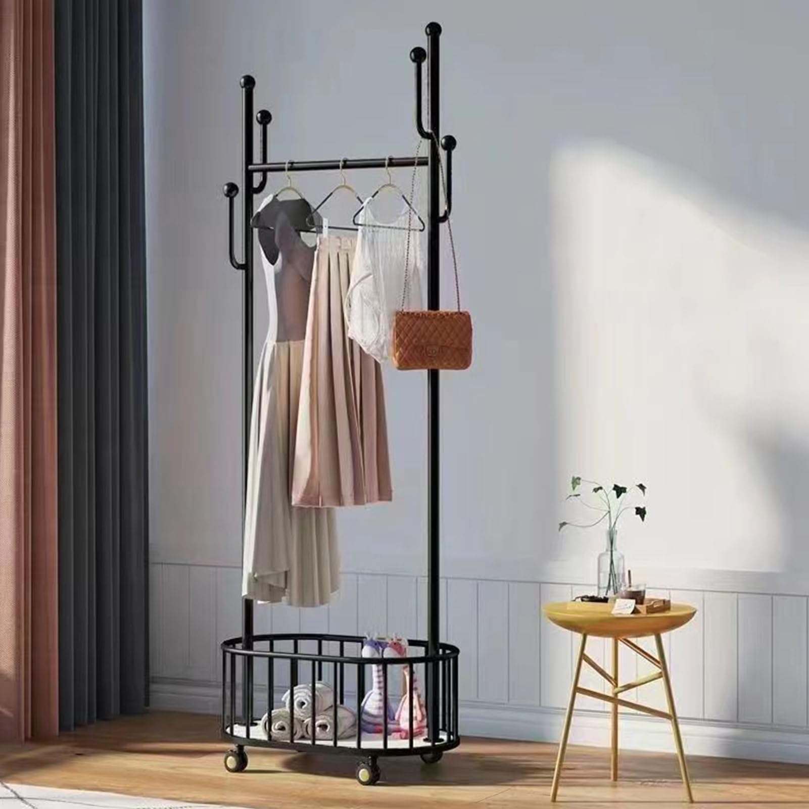 DAYONG 80CM Multifunction Coat Rack, Metal Coat Rack Freestanding with Hooks and storage basket, Coat Rack Stand Easy to Assemble, Suitable for Hanging Clothes, Bags, Hats, Scarf Accessories (Black)