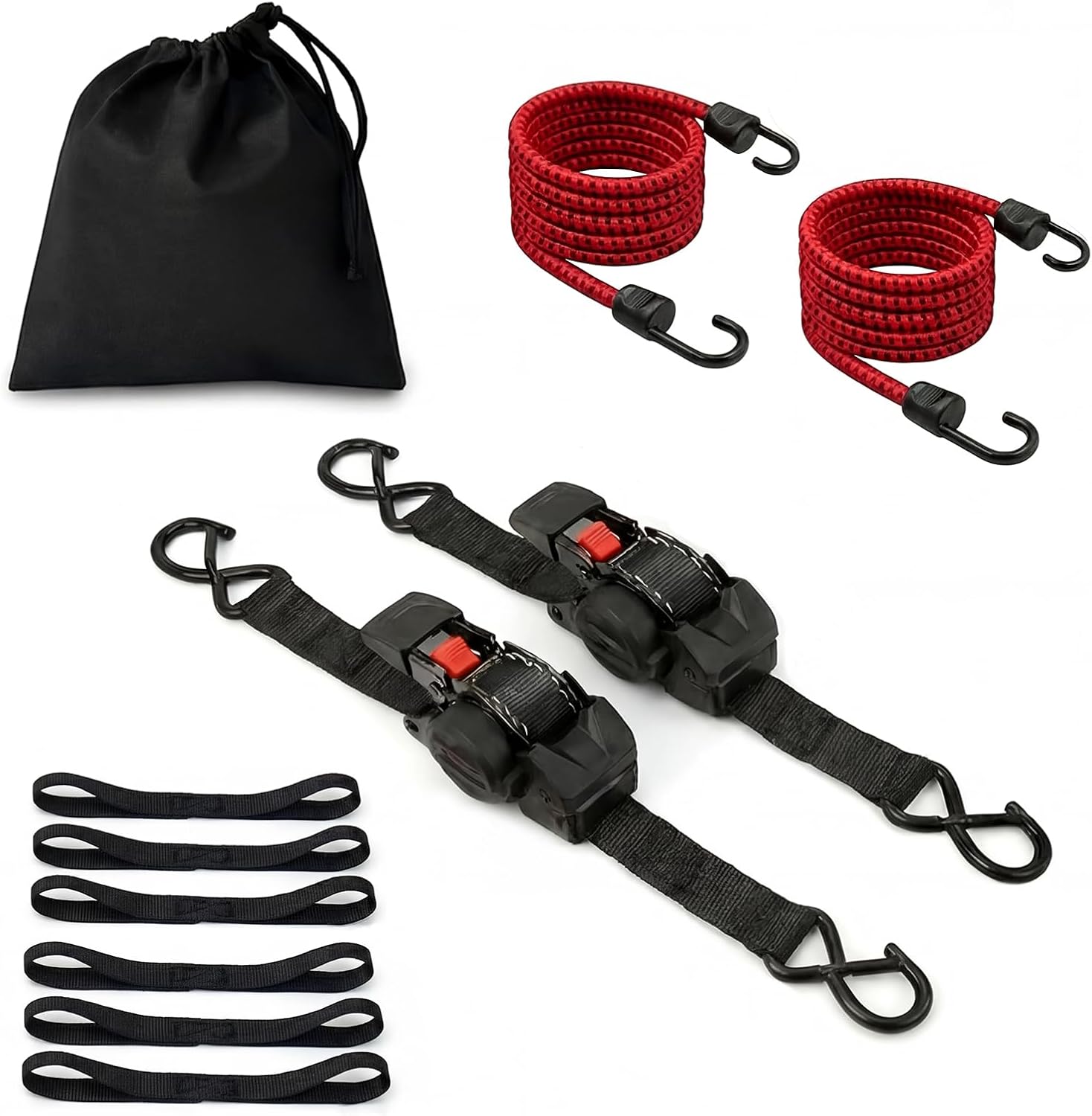 Retractable Ratchet Straps (2 Pack) - 1" x 10 ft Heavy Duty Tie Downs with Auto Retract and 1650 lb Break Strength for Cargo Trailer, Motorcycle, ATV - Includes Soft Loops and Bungee Cords