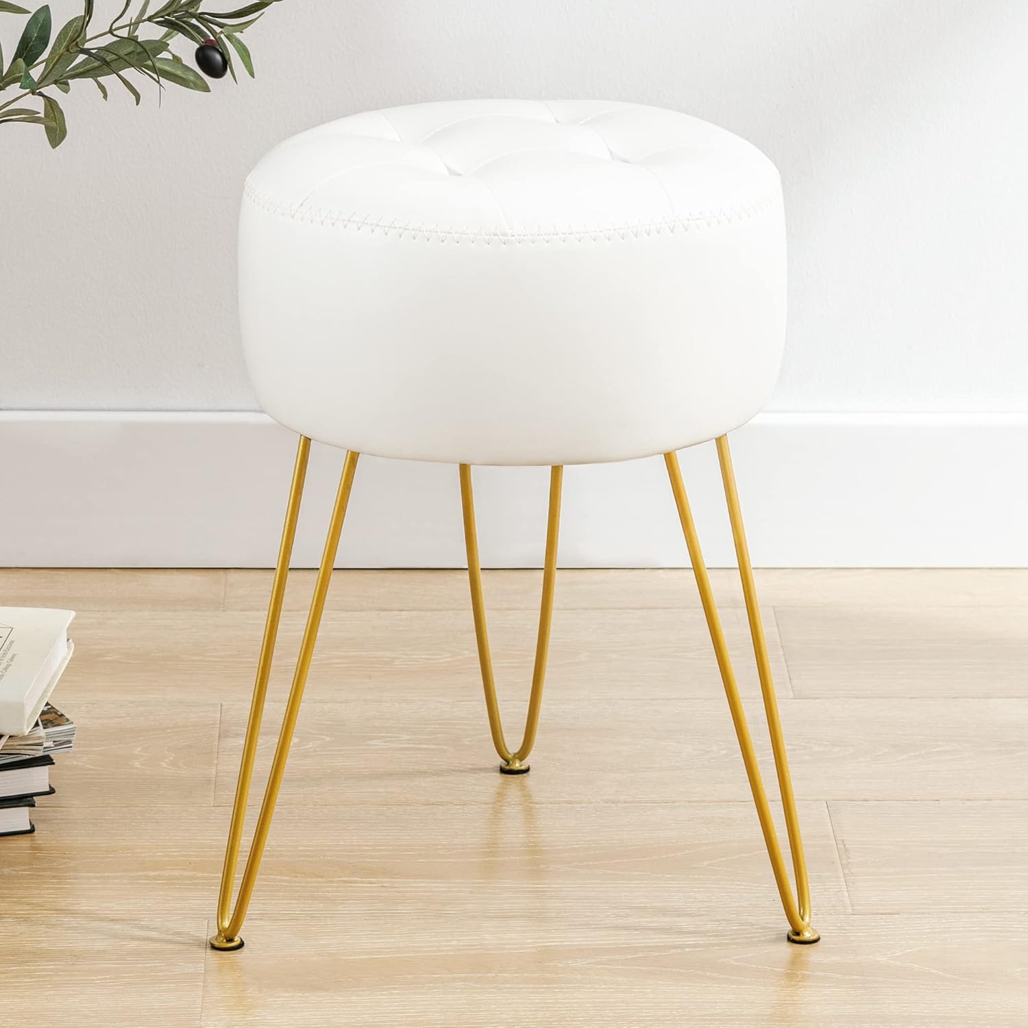 Craft Capital Faux Leather Vanity Stool – 19" Tufted Makeup Chair for Bedroom, Living Room – Modern Ottoman Footrest with Metal Legs, Small Round Stool for Dressing Table (White)-image-44