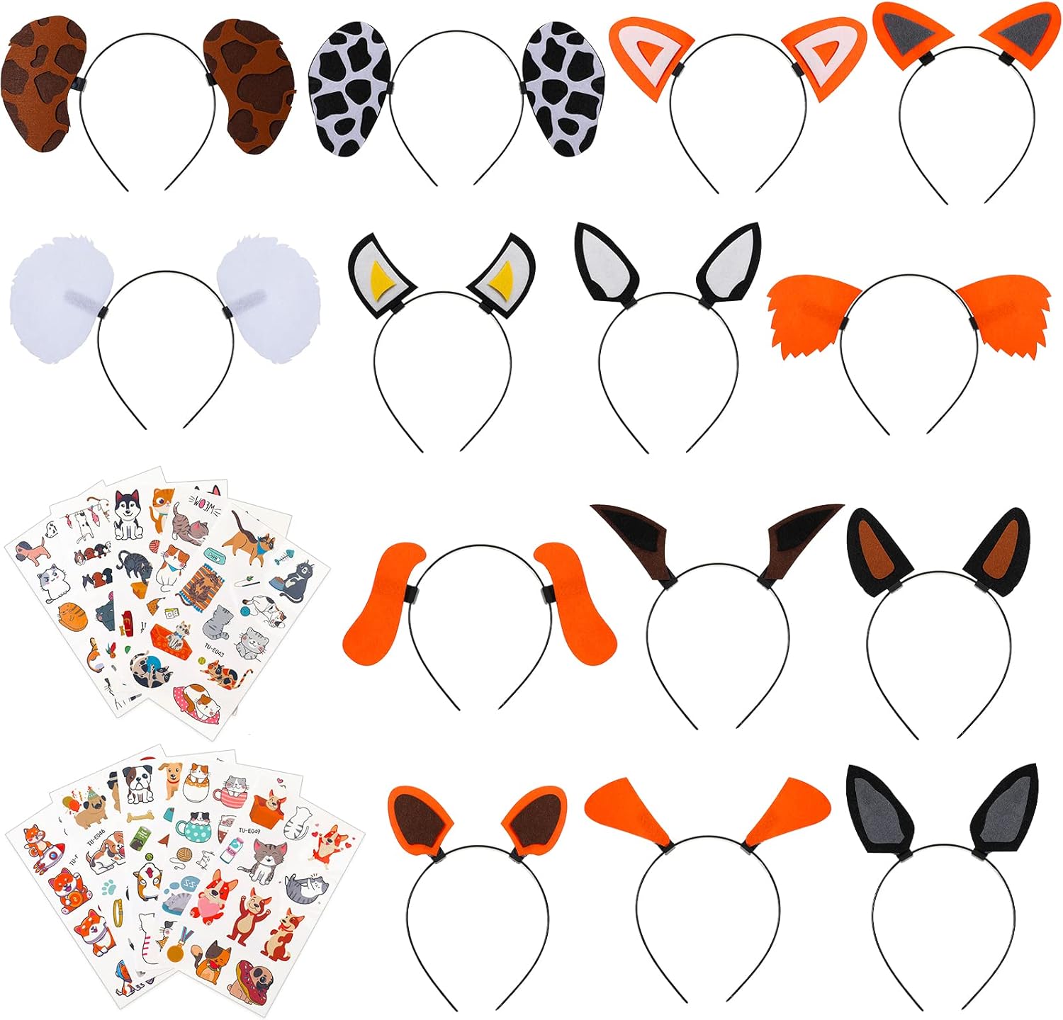 14 Pcs Dog Ears Headband, Puppy Ears for Dog Party Birthday Party Supplies with 10 Sheets Puppy Tattoos Photo Booth Props
