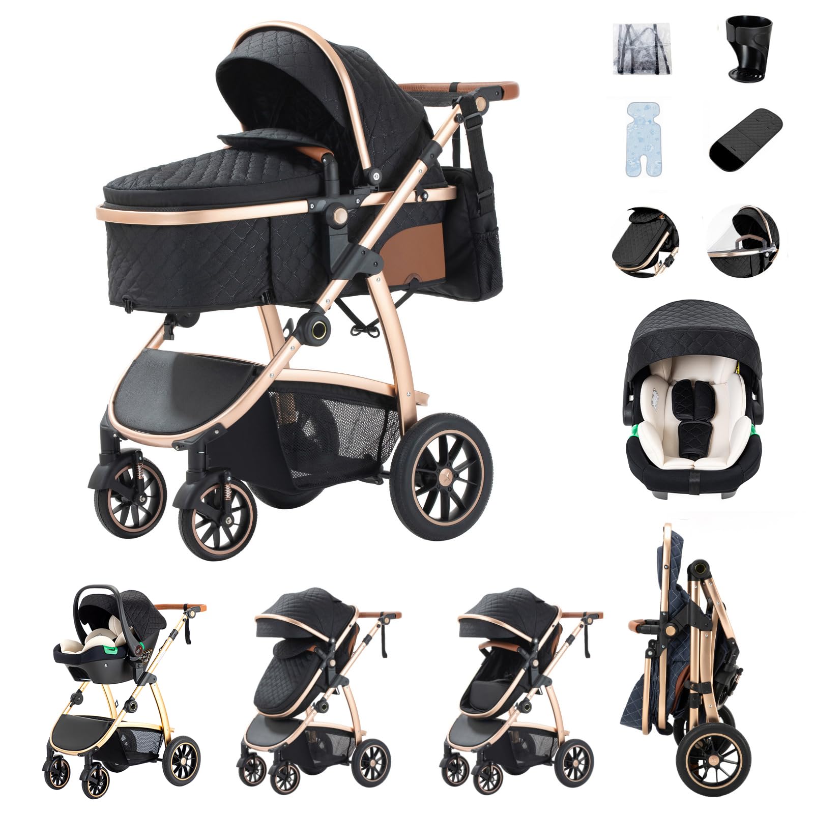 Zkiprm Cochecito 3 en 1,con asiento de coche, cochecito y Plegable