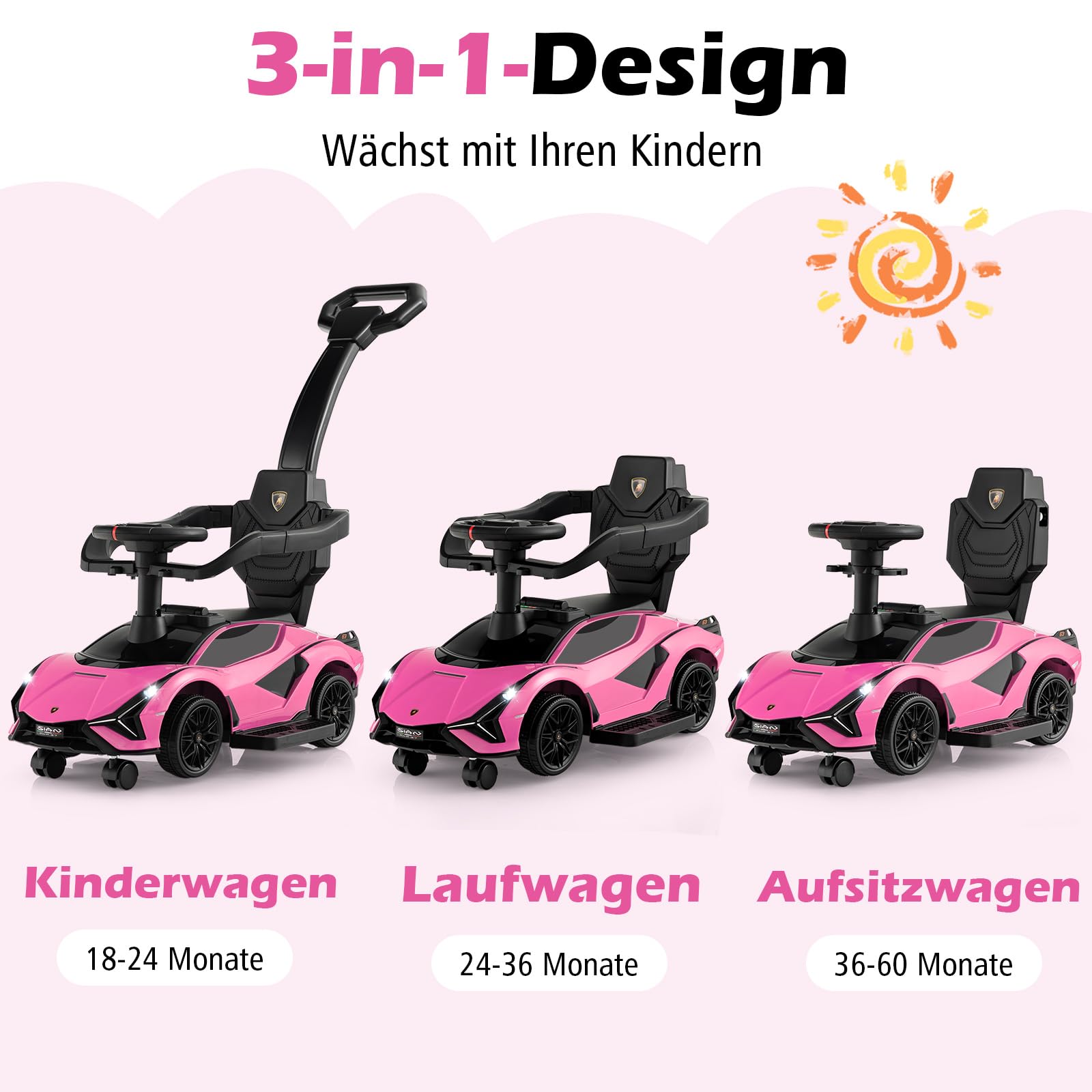 COSTWAY 3-in-1 Lamborghini Rutschauto, Schiebauto mit Scheinwerfern & Musik & Stauraum, Rutschfahrzeug mit abnehmbaren Schiebegriff & Universalrädern, Rutscher Auto für Kinder ab 1 Jahr (Rosa)