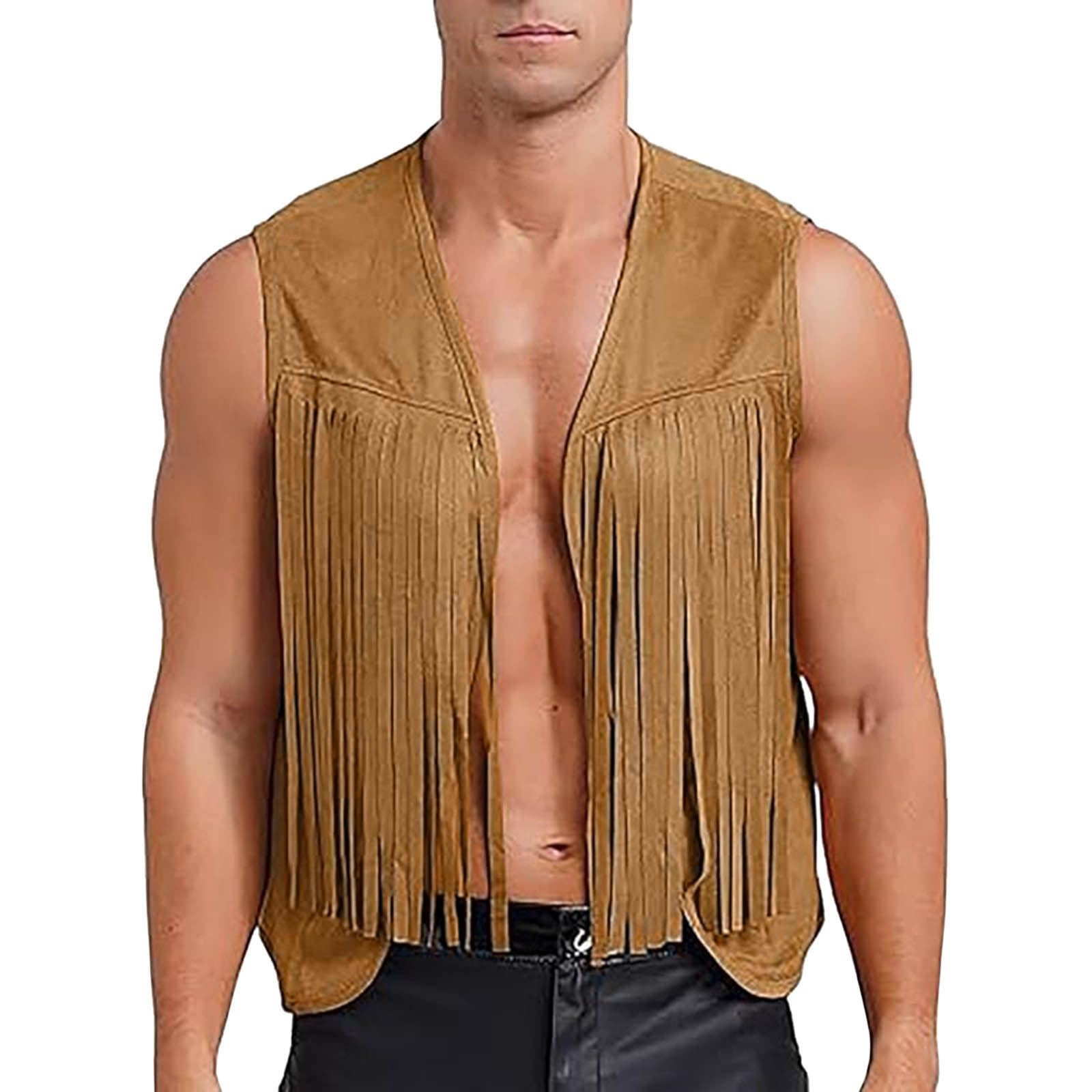 Gilet de cowboy sans manches en daim pour homme - Gilet à franges rétro bohème hippie - Costume de carnaval