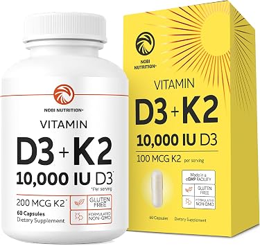 Vitamin D3 K2 | 10000iu D3 + 200mcg K2 | Bone, Immune, Energy & Mood Support | High Absorption Formula | Gluten-Free & Non-GMO | Once-Daily D3K2 Vitamin Supplement | 60 Capsules 2 Month Supply