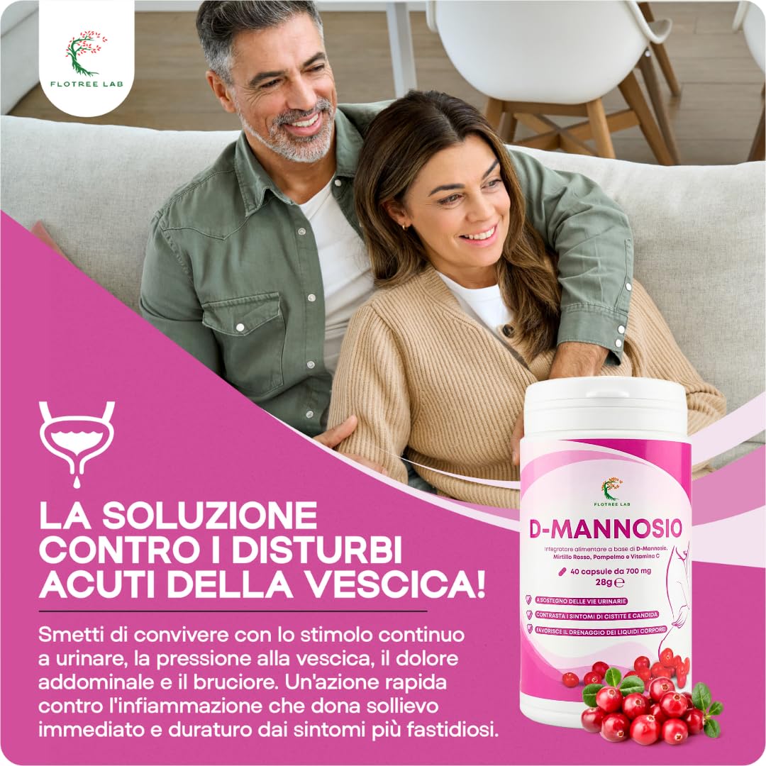 FloTree Lab® D Mannosio Cistite con Cranberry (Mirtillo Rosso), Pompelmo e Vitamina C, Dmannosio Puro 2000 mg, Integratore Vie Urinarie Donna Uomo Naturale, 40 Capsule