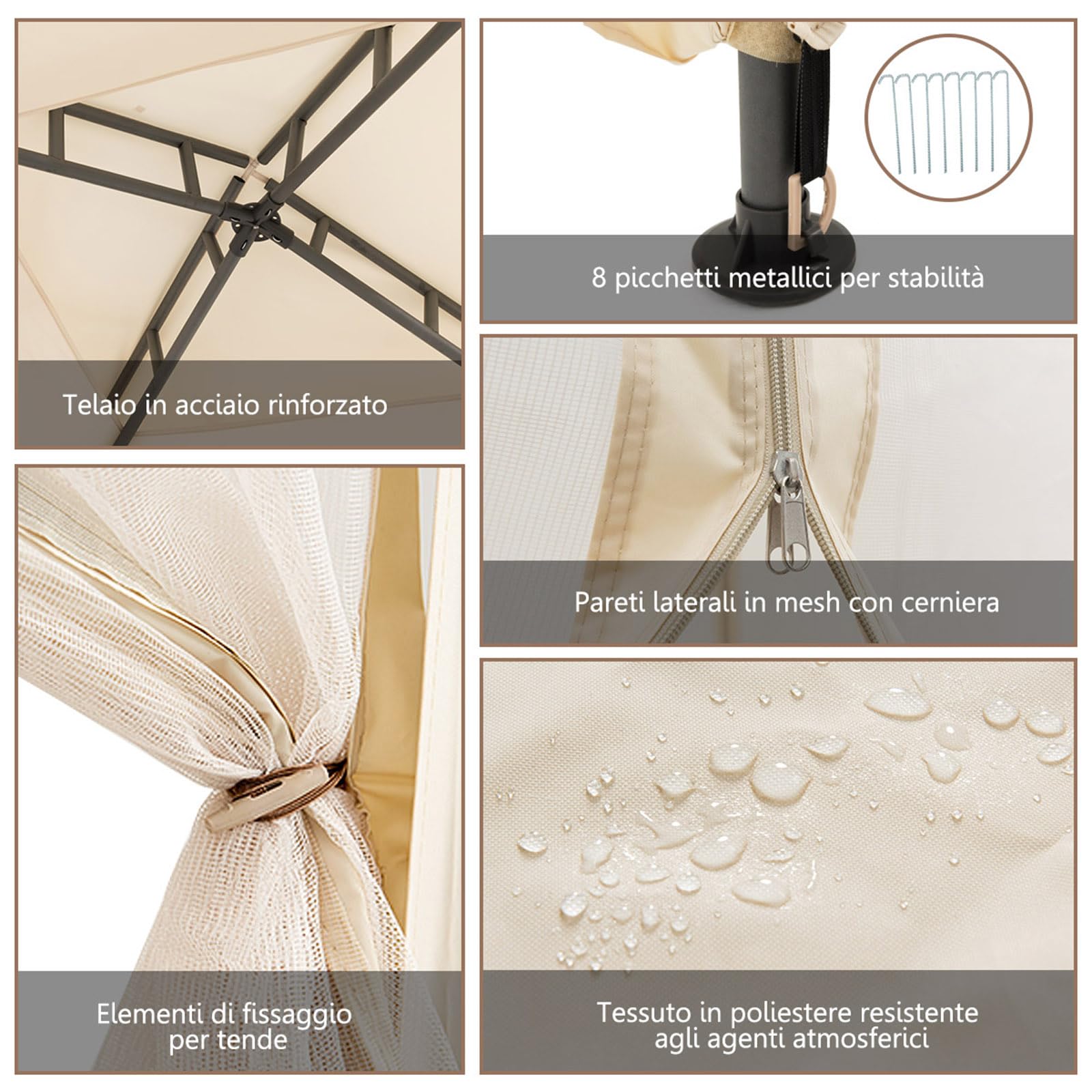 COSTWAY Gazebo da Giardino 3 x 3 m, Gazebo da Esterno con Zanzariera, Doppio Tettuccio e 4 Tendine Poliestere Laterali, Impermeabile, Struttura in Metallo, per Giardino, Patio e Cortile (Beige)
