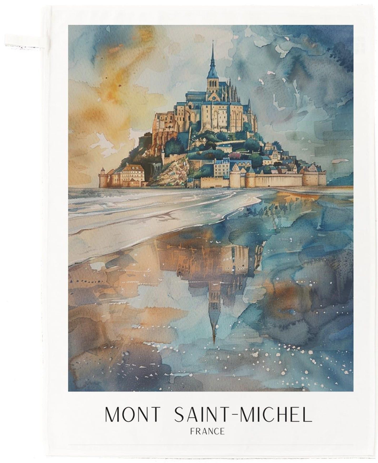 Half A Donkey White Mont Saint‑Michel Tea Towel –Watercolour French Landmark Design In 100% Cotton
