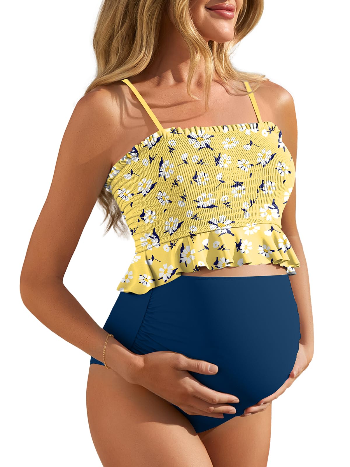 Summer Mae Costume da bagno premaman a vita alta con orlo a volant Bikini Costume da bagno arricciato a fascia due pezzi costumi da bagno per gravidanza