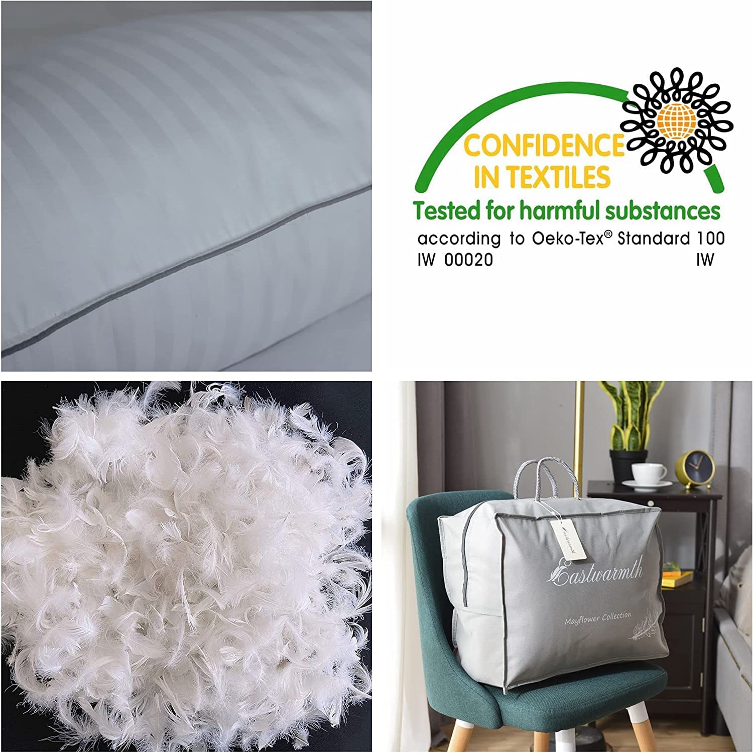 Juego de 2 almohadas de plumas de ganso, 100 % algodón, a rayas, color blanco, tamaño Queen (paquete de 2)