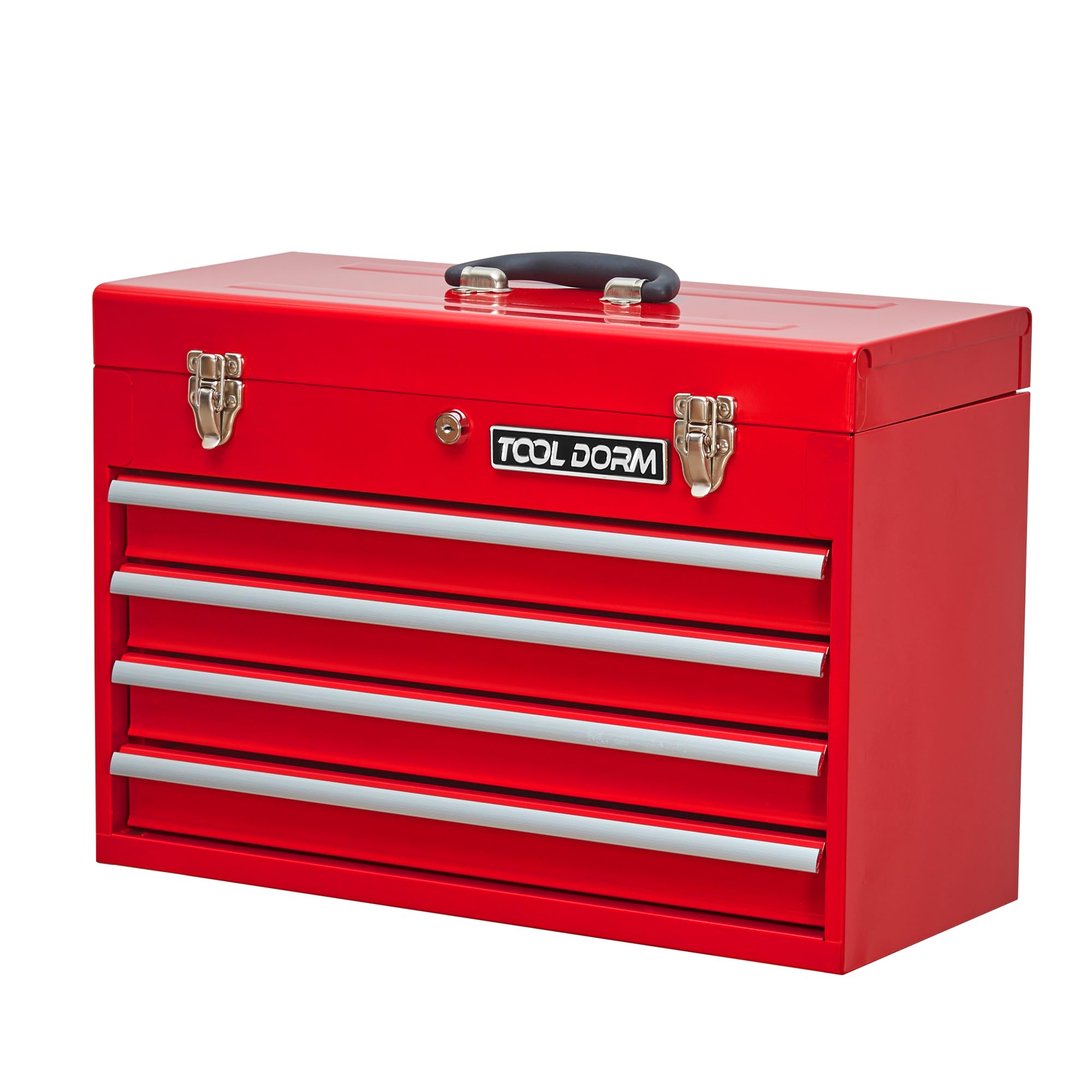 Metal Tool Box with 4 Drawers Portable Steel Tool Chest with Metal Cylinder Lock and Latch Closure, Liner, Red Powder Coating, Suitable for Garage, Warehouse and Outdoor Repair Job