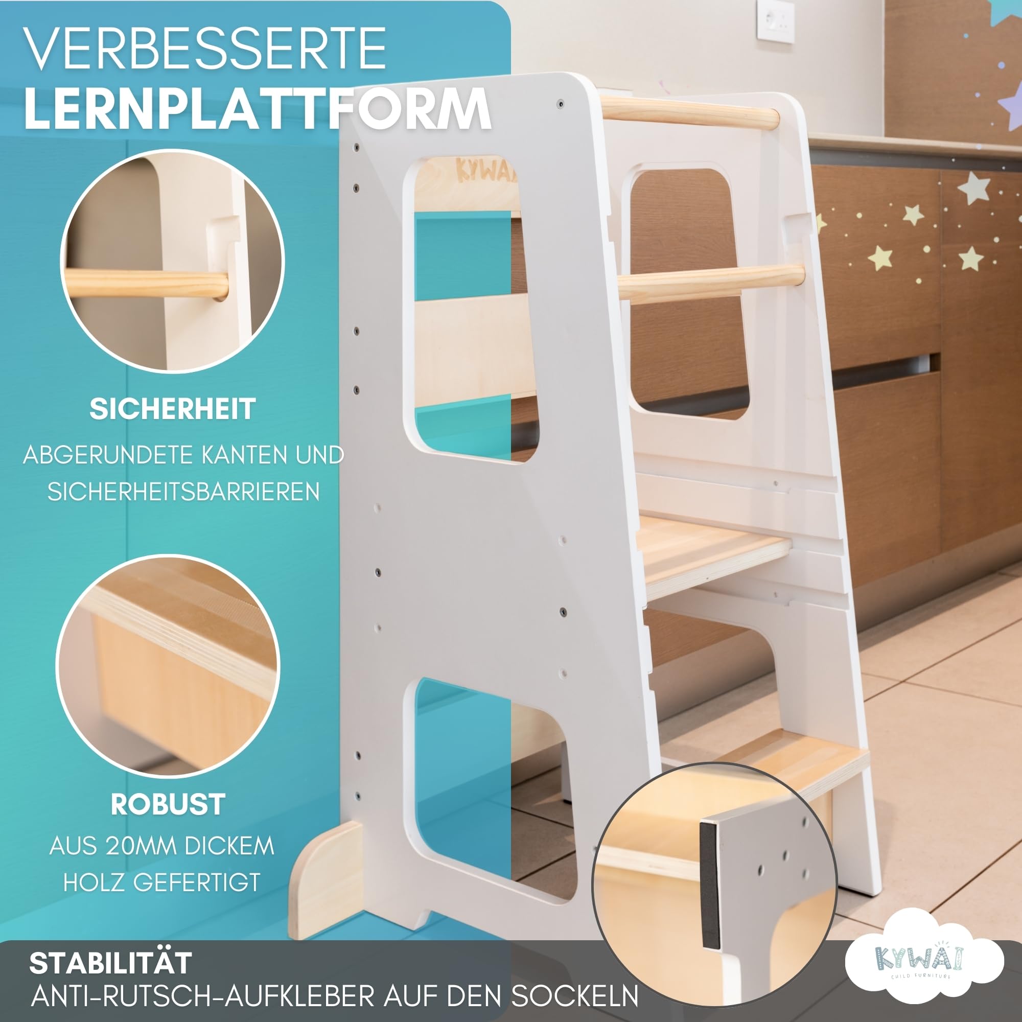 Montessori Lernturm ab 1 Jahr aus robustem Holz Premium-Modell Großformat Learning Tower mit Doppelter Sicherheitsbarriere Antirutschstreifen Höhenverstellbar